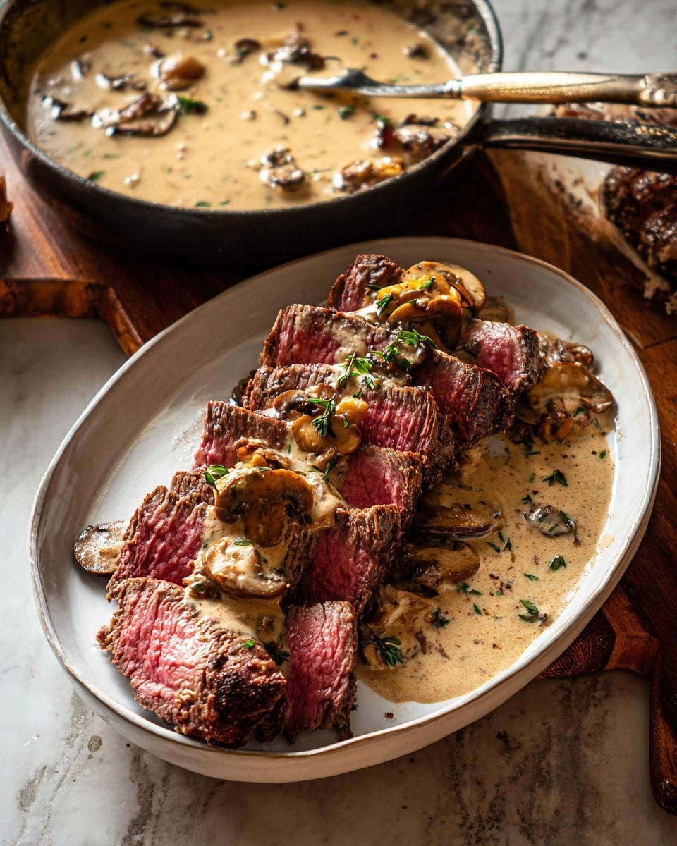 A white plate filled with several slices of medium-rare steak, dark brown on the edges and pink in the middle, layered closely together. On top of the meat are scattered small green fried sage leaves and sliced mushrooms covered in creamy beige mushroom sauce that also drips around the plate. To the right of the plate is a black pan filled with creamy mushroom sauce, dotted with sautéed mushroom slices. The plate rests on a patterned copper tray, all set on a white marbled texture surface. photo taken with an iphone --ar 4:5 --v 7
