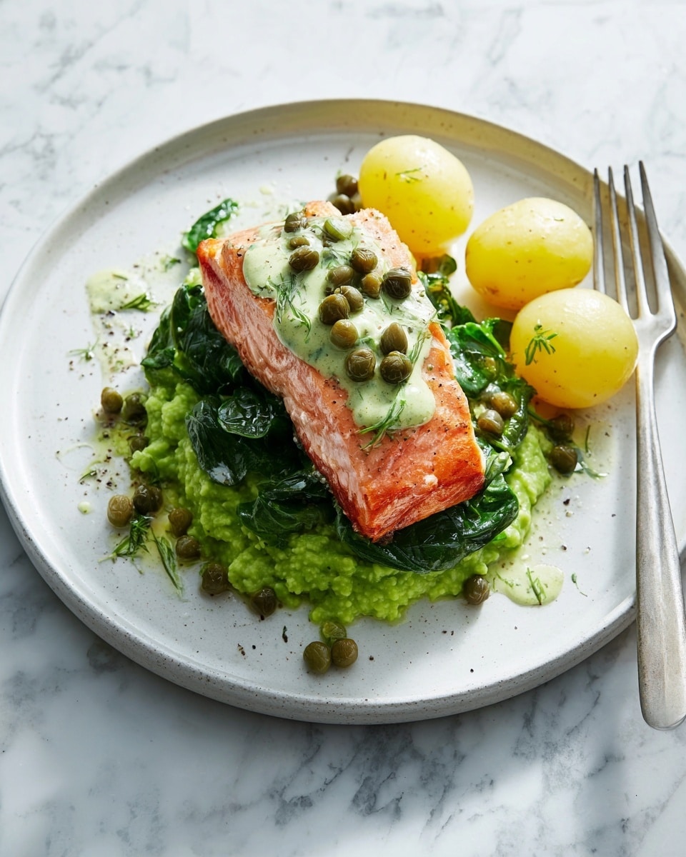 A white plate features three small, smooth light yellow potatoes on the right side. At the center is a mound of bright green mashed peas or puree with a soft texture, topped with sautéed dark green leafy vegetables that add a wilted, glossy layer. On top of the greens lies a cooked salmon fillet with a bright pinkish-orange color and a slightly crispy outer layer. Small green broad beans and capers are scattered on the salmon and puree, and a light yellow sauce is drizzled around the plate. Fresh green basil leaves are placed around the dish as garnish. The plate sits on a white marbled surface with a silver fork placed to the lower right. photo taken with an iphone --ar 4:5 --v 7