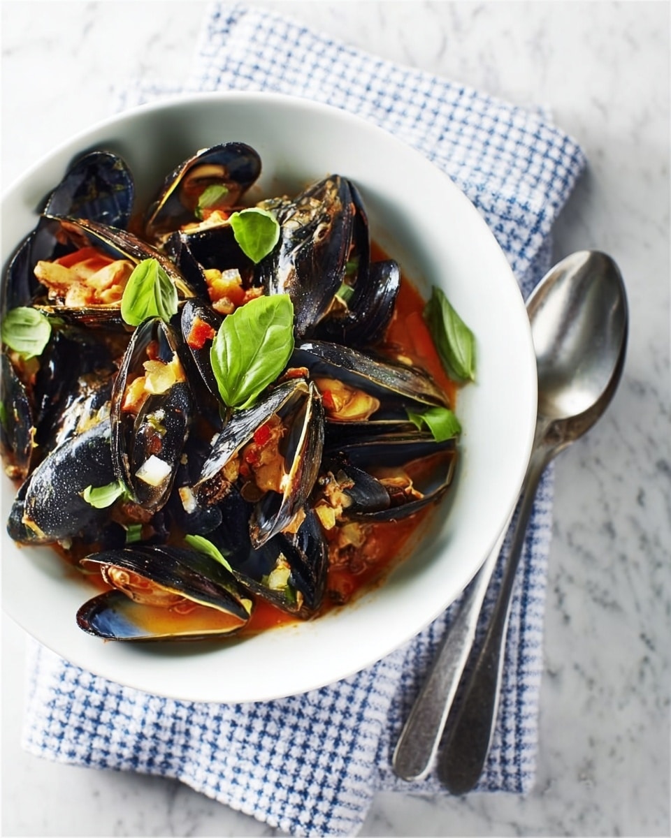 A white bowl filled with cooked mussels in dark shells, each opened to reveal soft, pale orange flesh inside. The mussels are covered in a light red tomato and herb sauce with small bits of vegetables. Fresh green basil leaves are scattered on top for color and freshness. The bowl sits on a folded white and blue checkered cloth, placed on a white marbled surface. Next to the bowl, a fork and spoon lie side by side. Photo taken with an iphone --ar 4:5 --v 7