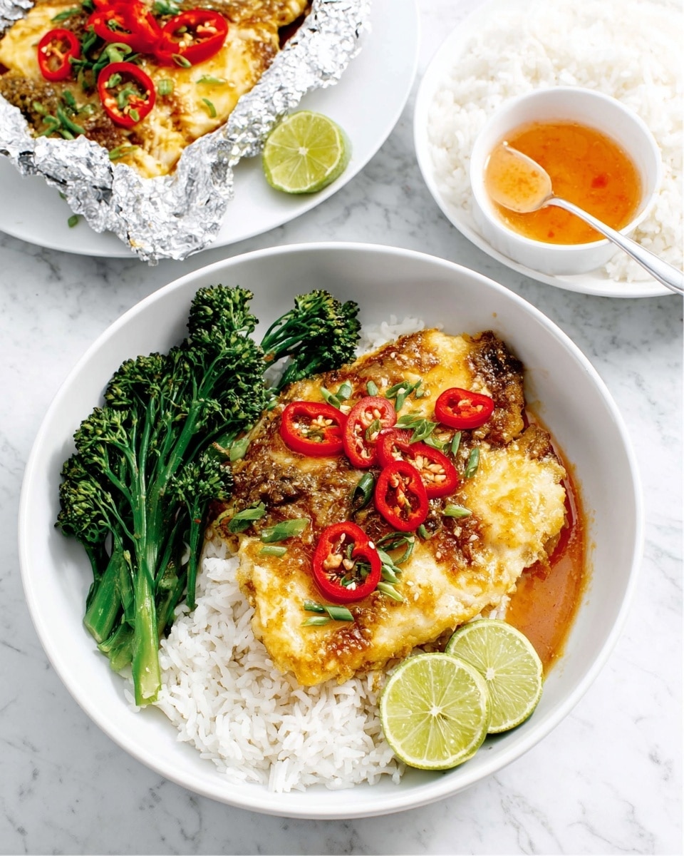 A white bowl holds a dish with three main layers: soft white rice at the bottom, a layer of golden-brown cooked fish with a slightly crispy texture laid on top of the rice, and thinly sliced red chili peppers scattered over the fish. On the left side of the bowl, there are bright green broccolini stems adding a fresh vegetable touch. Two lime wedges sit at the edge of the bowl. In the background, a white plate contains extra white rice, and a small white sauce dish with a spoon holds orange dipping sauce. Crumpled aluminum foil wraps another portion of the fish, topped with red chili slices, all set on a white marbled surface. photo taken with an iphone --ar 4:5 --v 7