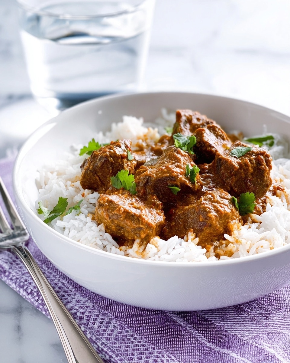 A white bowl filled with a serving of white rice that forms the bottom layer, fluffy and slightly separated. On top, there are five pieces of brown, saucy meat arranged unevenly, covered in a thick, textured sauce with small green herb leaves scattered on the meat and rice for garnish. The bowl sits on a white marbled surface with a purple-striped white cloth underneath. A silver fork rests beside the bowl. In the background, there is a clear glass filled with water. Photo taken with an iphone --ar 4:5 --v 7