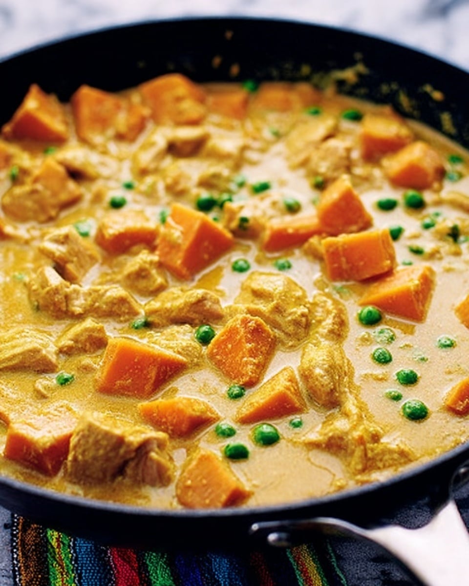 The image shows a black pan filled with a creamy yellow curry. Inside the curry, there are orange chunks of sweet potato and pieces of chicken, along with small green peas scattered throughout. The curry looks thick and smooth with a gentle shine on the surface. The background has a white marbled texture and the pan is resting on a striped cloth with bright colors. photo taken with an iphone --ar 4:5 --v 7