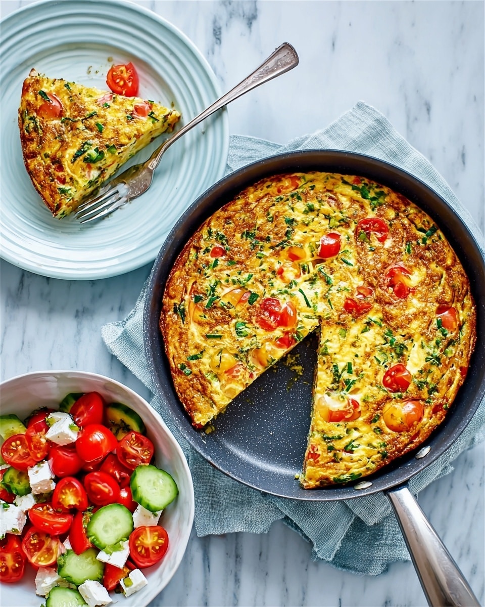 The image shows a golden brown frittata in a black pan with a slice cut and removed, revealing a colorful mix of green herbs and red cherry tomatoes inside. The pan sits on a white marbled surface with a light gray cloth under the handle. To the left, a white plate stacked on another white plate holds the removed slice of frittata with a silver fork beside it. Below, a white bowl contains a fresh salad made of bright red cherry tomatoes, green cucumber pieces, and white cheese chunks. The whole scene is bright and inviting. Photo taken with an iphone --ar 4:5 --v 7