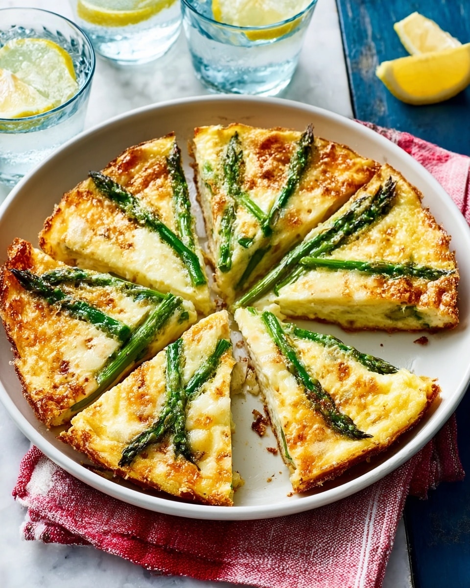 A white shallow dish with a slightly raised edge holds a golden-brown frittata cut into five triangular slices. The top layer has bright green asparagus spears arranged diagonally across each slice, contrasting with the creamy, light yellow egg base beneath. The frittata’s surface looks slightly crispy and textured with melted cheese and small browned spots. The background is a white marbled texture, with a red and white striped cloth partially under the dish, and two glass cups filled with water and lemon slices nearby. photo taken with an iphone --ar 4:5 --v 7