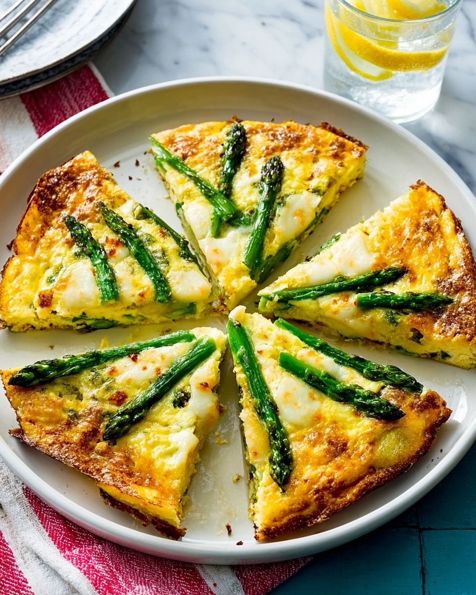 A white round plate with five triangular slices of a golden brown frittata with visible melted cheese and bright green asparagus spears placed evenly on top of each slice. The frittata has a fluffy, slightly crispy texture around the edges and a smooth, creamy yellow center. The plate is on a white marbled surface with a red and white striped cloth partly underneath, and there is a glass of water with lemon in the background. Photo taken with an iphone --ar 4:5 --v 7