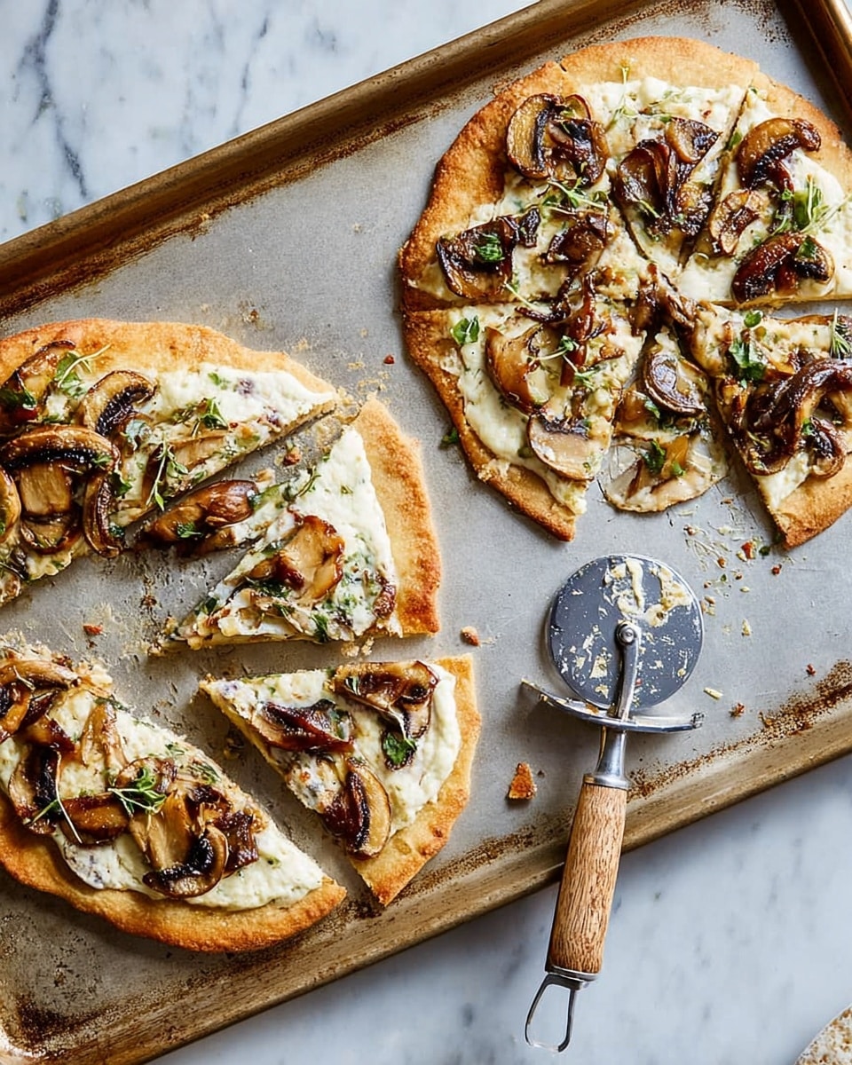 Two small pizzas on a worn metal baking tray set on a white marbled texture. One pizza is whole, showing a crust with a golden-brown edge, topped with melted white cheese, chunky golden and dark brown mushrooms, and sprinkled green herbs. The second pizza is cut into six slices, with the same toppings of white cheese, mushrooms in brown and tan colors, and green herbs; the crust is light golden. Near the bottom left of the tray lies a pizza cutter with a wooden handle and a round silver blade. photo taken with an iphone --ar 4:5 --v 7