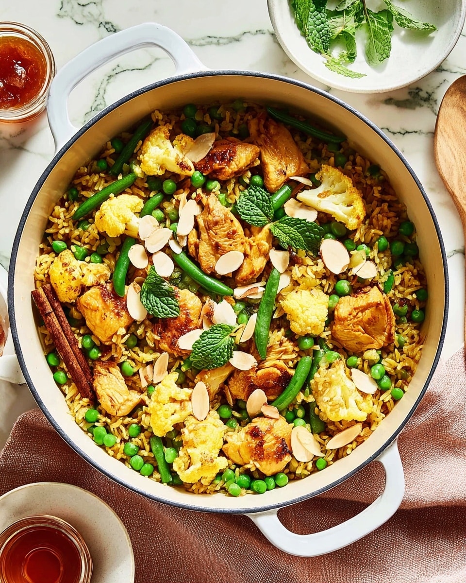 This image shows a round light blue pot filled with a colorful rice dish. The dish has about four layers visible; at the bottom, there is fluffy yellow rice mixed with small green peas and green beans. Scattered on top are medium chunks of golden brown cooked chicken, along with pieces of pale yellow cauliflower. There are also sliced almonds and fresh cilantro leaves spread evenly across the dish. The texture of the rice is soft and slightly crumbly, with crisp vegetables and tender chicken on top. The pot sits on a soft peach cloth on a wooden surface changed to white marbled texture. Nearby are a white bowl and a small white dish with orange sauce. Photo taken with an iphone --ar 4:5 --v 7