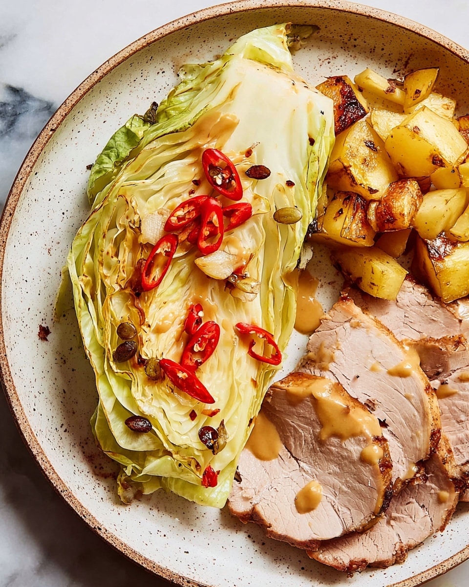 On a white speckled plate set on a white marbled surface, three main layers are visible. On the left, there is a wedge of light green cabbage with glossy, slightly charred leaves and some dark roasted seeds and thin slices of red chili scattered on top. To the right of the cabbage, several slices of roast pork are arranged, showing a light brown outer edge with a smooth golden brown sauce poured halfway over them. At the top right corner of the plate, there is a portion of mashed potatoes with some browned roast chicken pieces beside it, their golden skin crisp and textured. Photo taken with an iphone --ar 4:5 --v 7