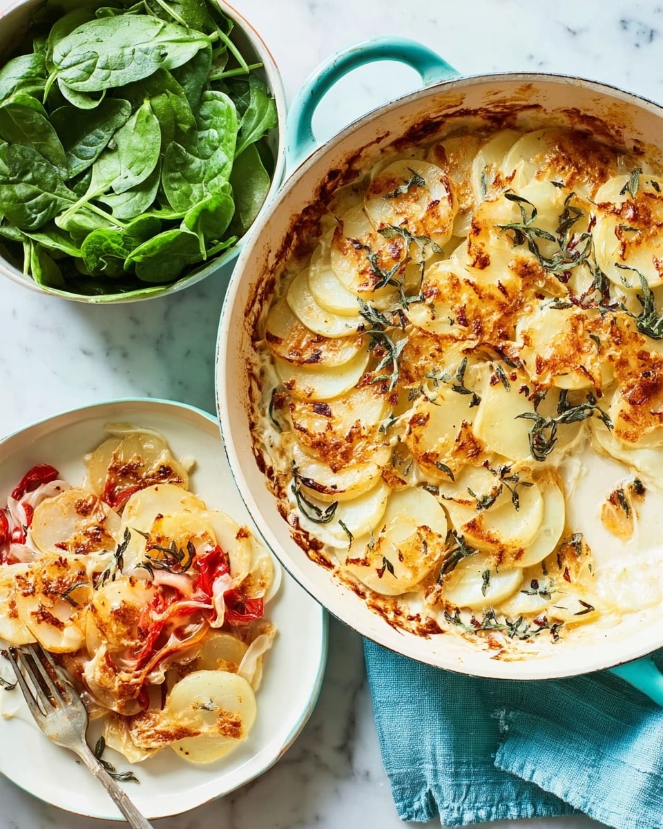 The dish shows a white round casserole filled with thin layers of golden brown baked potato slices mixed with onions and red bell pepper pieces, topped with melted cheese and sprinkled with herbs. The top layer has crispy browned edges with caramelized bits and a mix of light yellow and white colors. Next to the casserole, on a white plate, there is a serving of the same layered dish with soft, shiny red pepper pieces and melted cheese, accompanied by a fork and knife with a light blue handle. At the top, a small white bowl holds fresh dark green spinach leaves. All items rest on a white marbled surface with a teal cloth beneath the casserole. photo taken with an iphone --ar 4:5 --v 7