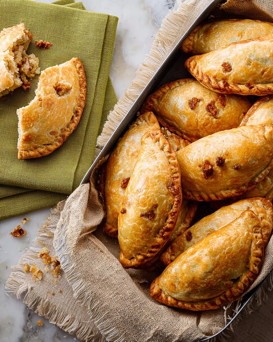 A metal tray filled with several golden brown baked pastries that have a slightly cracked surface and crimped edges, showing a soft, textured outer layer. Next to the tray, on two stacked green napkins, sits a half-eaten pastry revealing a light, flaky inside with some crumbs around it. The scene includes a beige woven cloth underneath the tray and napkins, all placed on a white marbled surface. photo taken with an iphone --ar 4:5 --v 7