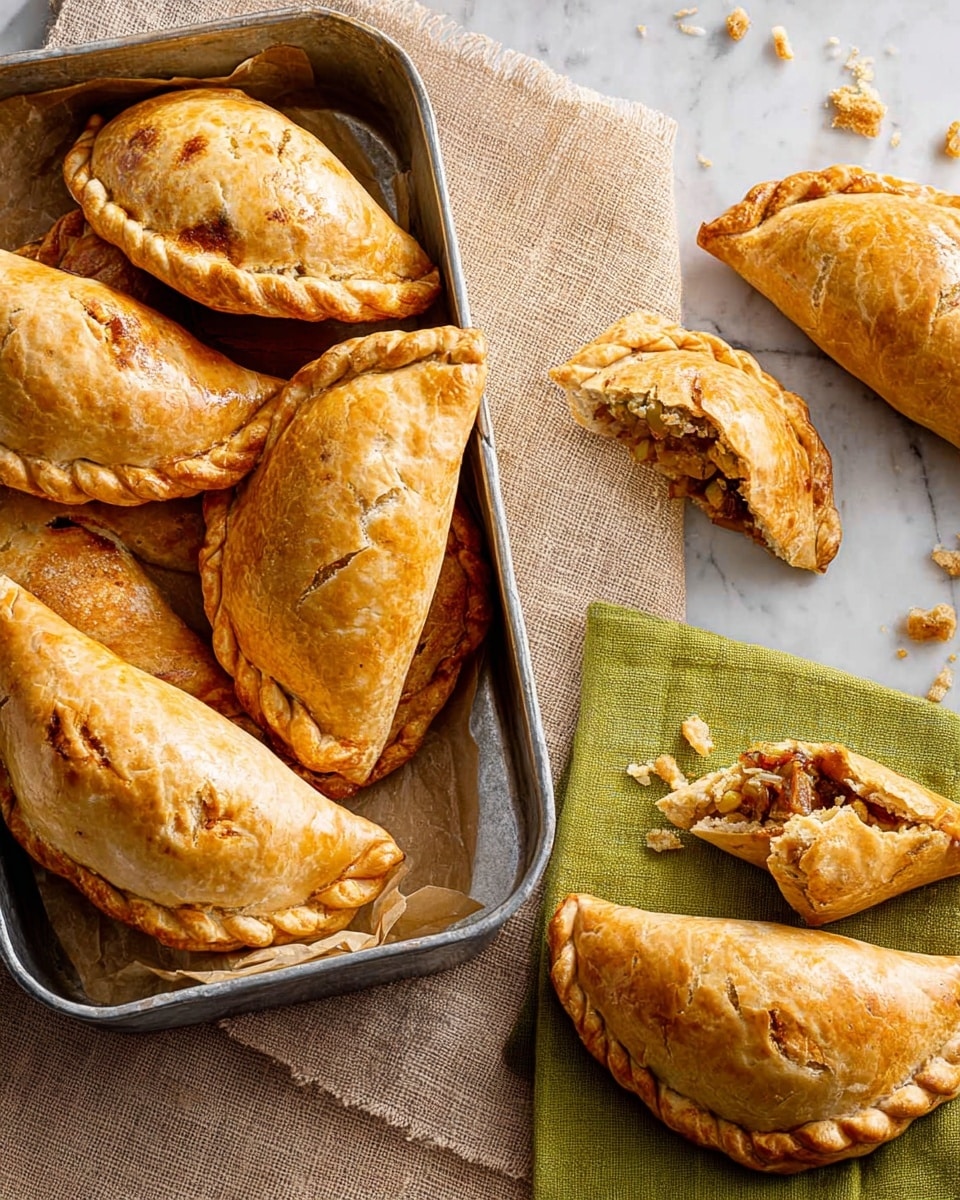 A metal tray filled with six golden-brown baked pasties, each with a crimped edge and slight cracks showing light flaky dough on top. Next to the tray, two green napkins hold one half-eaten pasty with a flaky, crispy texture and visible filling of cooked carrots and chopped vegetables in warm colors inside. Crumbs are scattered around the napkin. The tray and napkins rest on a beige woven cloth, all set on a white marbled surface. photo taken with an iphone --ar 4:5 --v 7