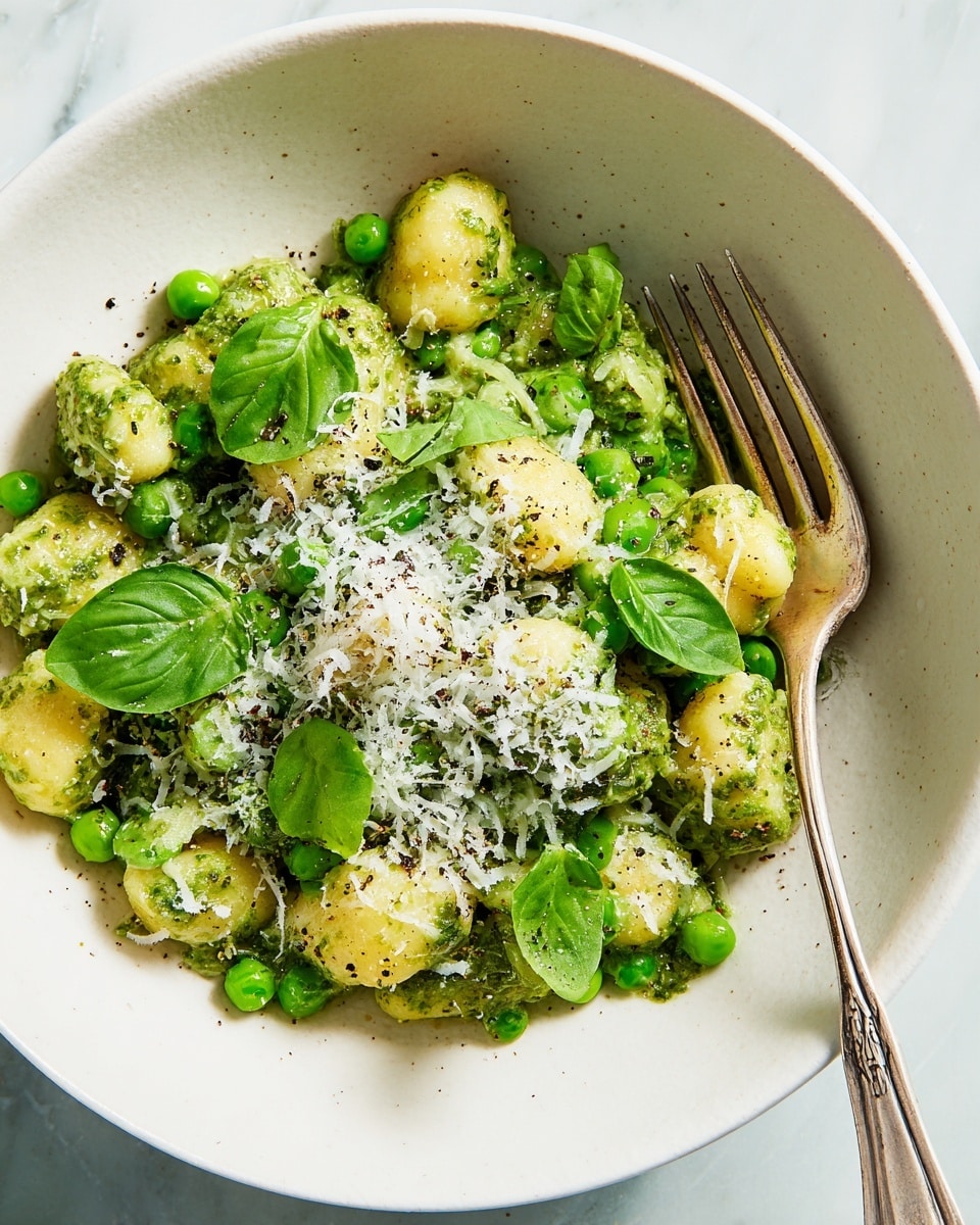 A white plate holds a serving of gnocchi covered in a green, creamy pesto sauce. Small green peas are scattered throughout the dish, adding bright green pops of color. Fresh basil leaves are layered on top, giving a rich, leafy green texture. A generous layer of finely grated white cheese is sprinkled over half of the gnocchi, creating a soft, snowy contrast. Coarse black pepper is lightly scattered across the surface, adding small black specks. To the right side of the plate, a silver fork rests partially in the gnocchi. The plate is set on a white marbled surface. photo taken with an iphone --ar 4:5 --v 7