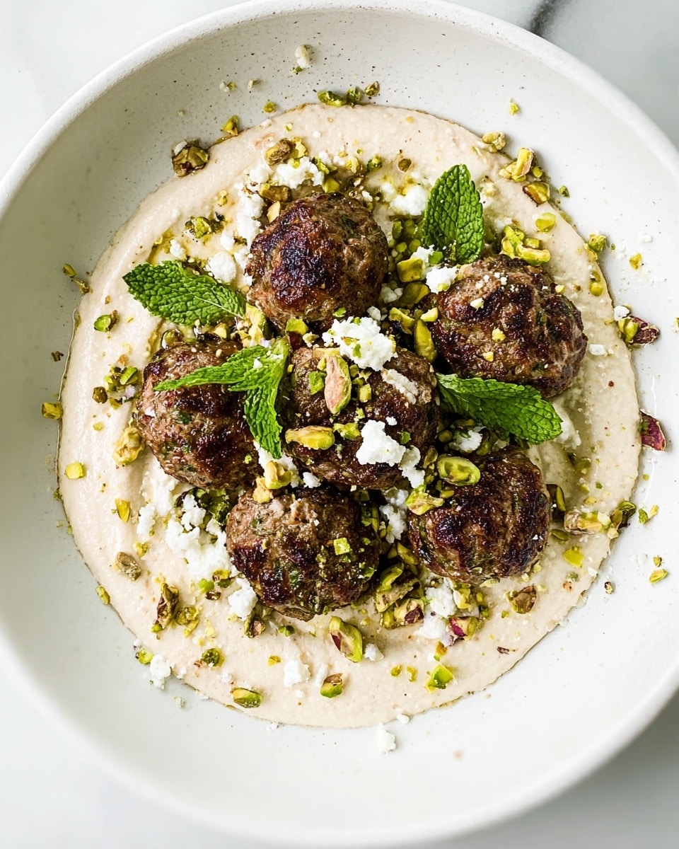 The image shows a white round plate filled with seven brown, grilled meatballs arranged in the center. Underneath the meatballs is a thick, creamy white spread that forms a soft swirl base. Scattered on top and around the meatballs are small chunks of white cheese, bright green mint leaves, and chopped green pistachios. The plate is set on a white marbled texture surface. The overall look is fresh with a mix of rough, smooth, and crunchy textures. photo taken with an iphone --ar 4:5 --v 7