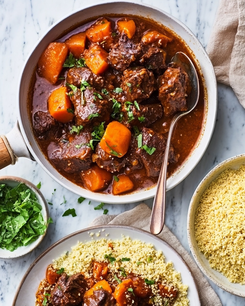 A large white bowl filled with a rich, dark brown stew that has chunks of tender beef and thick slices of orange carrots and sweet potatoes evenly mixed in, all coated with a glossy sauce. A spoon with a wooden handle is partially dipped into the stew. Next to the bowl is a smaller white bowl filled with fluffy, pale yellow couscous that has a light, crumbly texture. There is a white plate beside it with a serving of the stew on one side, topped with green herbs, and couscous on the other side. The scene is set on a white marbled surface with a small white bowl of bright green cilantro leaves nearby. Photo taken with an iphone --ar 4:5 --v 7