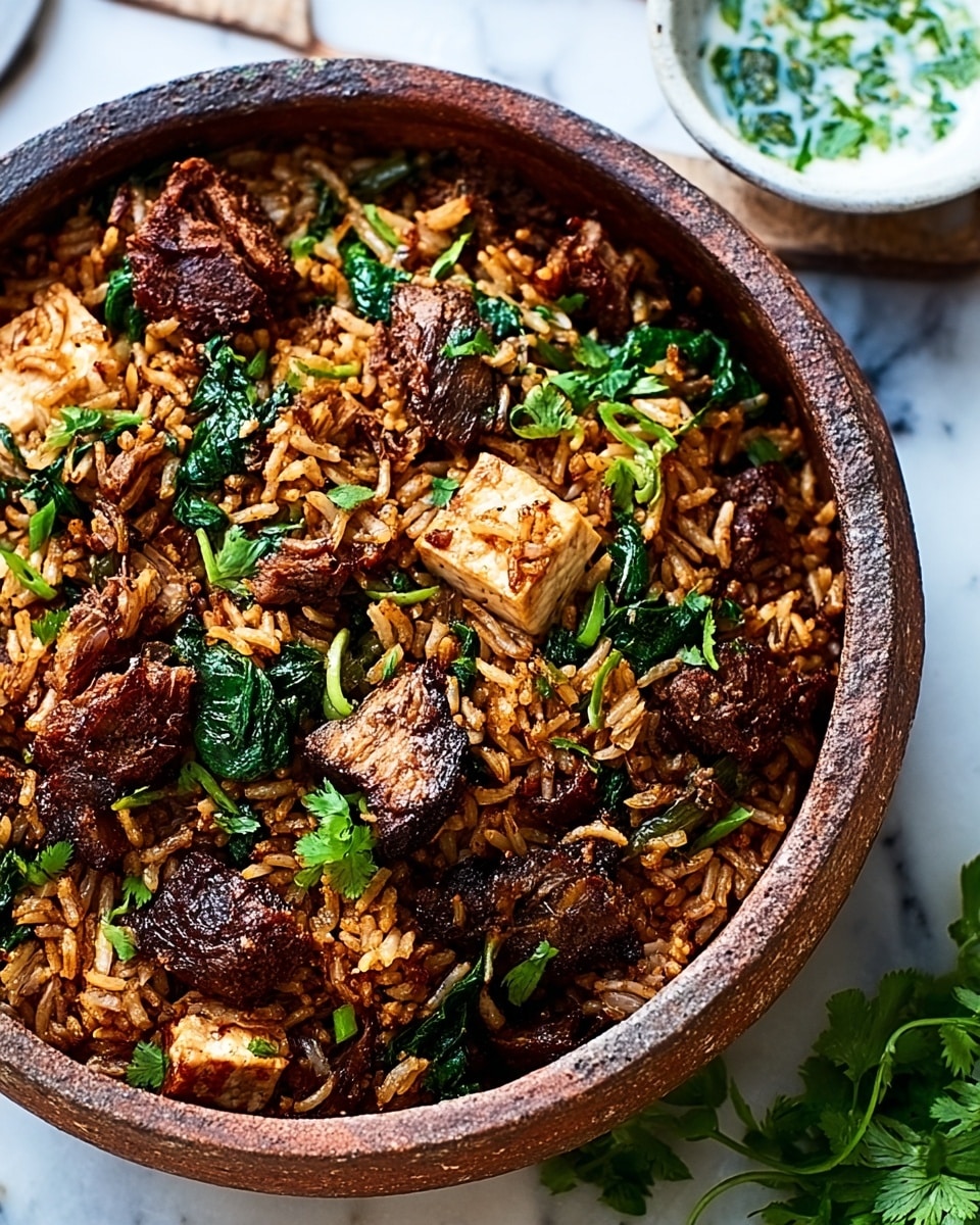 A rustic brown textured bowl filled with a dish that has three main layers: a bottom layer of cooked brown rice mixed with small pieces of green herbs, a middle layer of browned beef chunks and golden-brown cubes of paneer scattered evenly, and a top layer sprinkled with fresh green spinach leaves and chopped coriander. The dish is rich in warm colors like brown, green, and golden yellow, with a few seeds sprinkled on top for texture. The bowl is placed on a white marbled surface with a small white bowl of yogurt and green garnish slightly visible in the background. Photo taken with an iphone --ar 4:5 --v 7