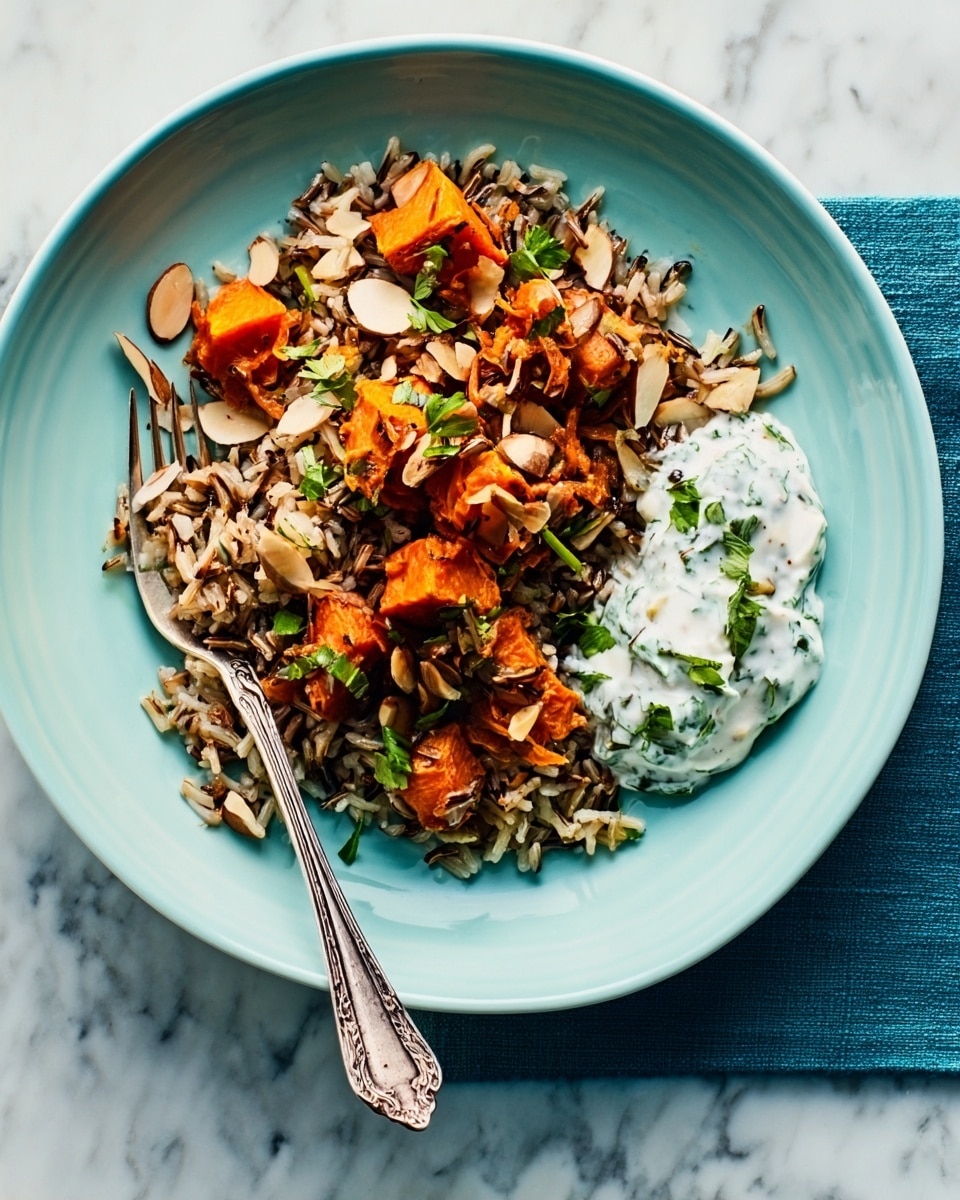 A white plate holds a layered dish starting with a base of brown rice mixed with small orange carrot pieces and chunks of cooked beef, all topped with fresh green mint leaves scattered evenly. On one side of the plate, there is a scoop of white yogurt sauce with green herbs visible inside, garnished with a small mint leaf. A dark silver spoon with a textured handle lies resting on the edge of the plate. The dish is set on a bright blue surface, with a small blue glass nearby and a partial view of another white plate at the bottom. Photo taken with an iphone --ar 4:5 --v 7