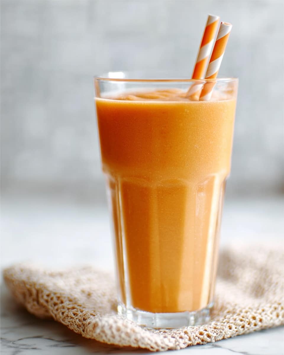 A tall clear glass filled with a thick, smooth orange smoothie showing light and creamy texture. There are two yellow and white striped straws sticking out from the top of the glass. The glass is placed on a soft woven cloth with light beige and white colors. The background and surface are white with a marbled texture, giving a clean and fresh look. The image is clear and bright with soft natural light. Photo taken with an iphone --ar 4:5 --v 7