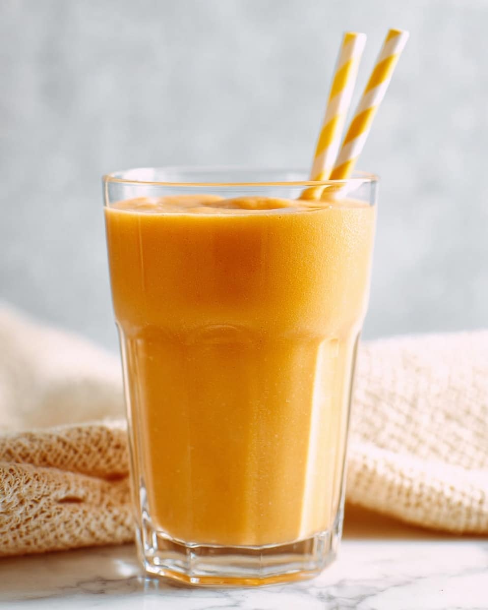 A tall, clear glass filled with creamy, smooth orange smoothie that has a soft, thick texture. The glass shows subtle vertical ridges and contains two striped straws in yellow and white colors placed inside. The glass sits on a white marbled surface with a light beige woven cloth underneath it, giving a cozy feel. The background is softly blurred with a clean, bright white color. photo taken with an iphone --ar 4:5 --v 7