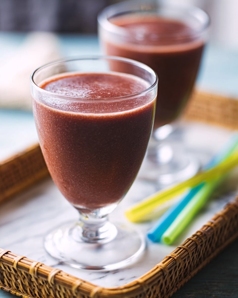 The image shows two clear glass cups filled with a thick, dark reddish-brown smoothie or juice. The front cup is placed on a brown woven tray set on a white marbled surface. The smoothie has a smooth, glossy texture and fills the cup almost to the top. Behind it, there is a taller glass with a similar drink, slightly blurred. Next to the tray are three long colorful straws in green, blue, and yellow, lying on the white marbled surface. Photo taken with an iphone --ar 4:5 --v 7