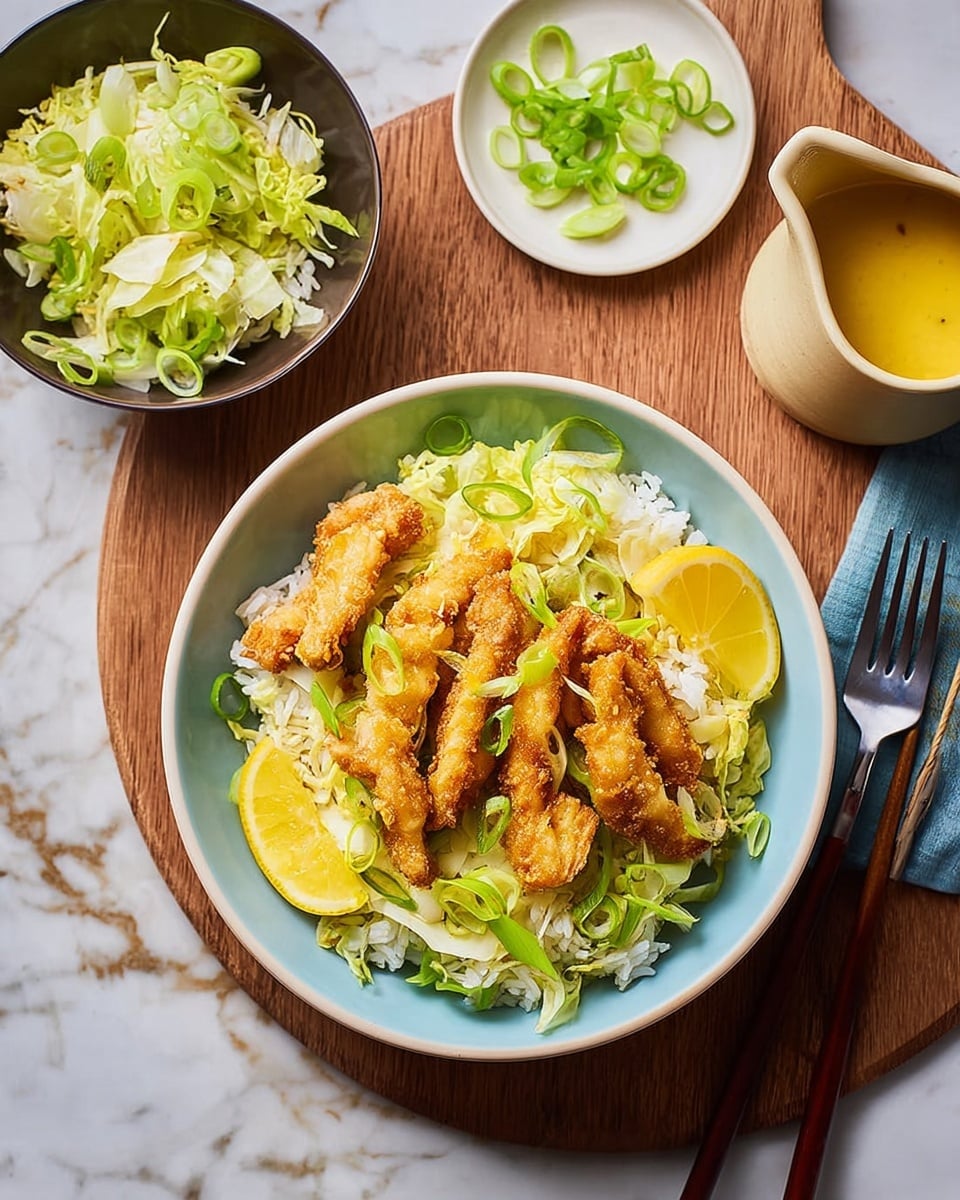 A white bowl filled with three layers: the bottom layer is fluffy white rice with long grains, the middle layer is thinly shredded light green lettuce, and the top layer consists of golden-brown crispy fried chicken strips arranged neatly with bright orange wedges and thin slices of green onion scattered on top. Next to the bowl, there is a small white bowl with green leafy lettuce and a small white plate with sliced green onions, all placed on a white marbled surface with a wooden board beneath the main bowl. A fork and a pitcher of yellow sauce are seen on the right side, and a woman's hand is holding chopsticks near the bowl. photo taken with an iphone --ar 4:5 --v 7