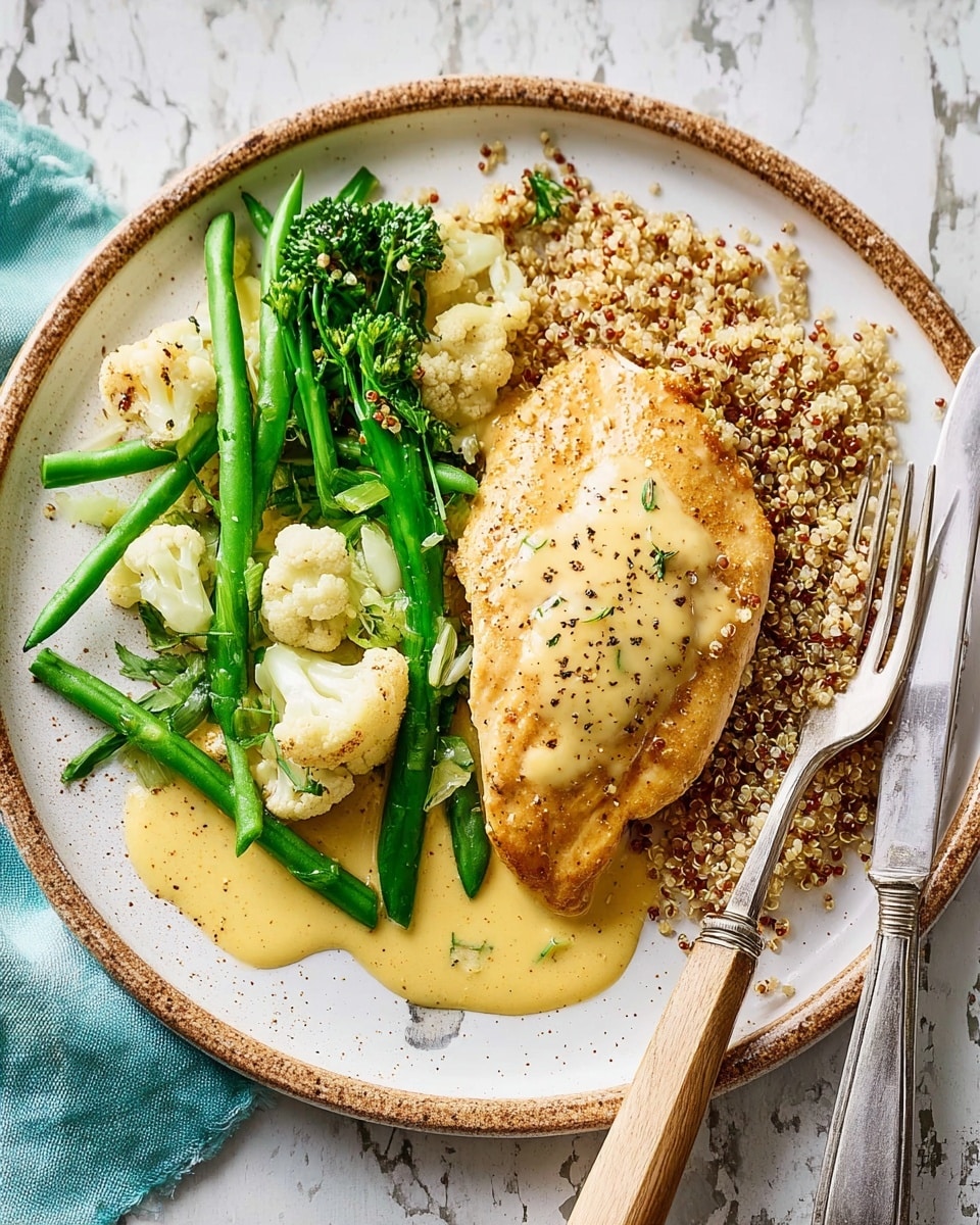 A white round plate holds three parts: on the right side, a bed of light brown quinoa mixed with green herbs; on top of the quinoa, a golden-brown seared chicken breast garnished with small green chopped herbs; below and slightly under the chicken, a creamy light yellow sauce with visible small chunks; on the left side of the plate, steamed green beans, bright green broccolini, and white cauliflower florets sprinkled with black pepper. A fork and knife with a light wood handle rest on the right edge of the plate. The plate sits on a bright blue wooden surface with a soft white marbled texture underneath and a white-striped cloth nearby. Photo taken with an iphone --ar 4:5 --v 7