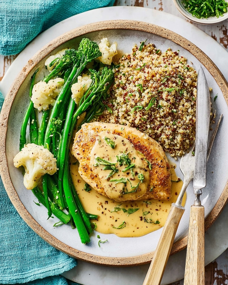 A white round plate with light brown edges holds a meal with three main parts: on the left are bright green broccolini stalks mixed with white cauliflower florets, sprinkled with black pepper; on the right is a pile of light brown quinoa grains mixed with small green herbs; and in the center sits a golden brown cooked chicken breast resting on a creamy yellow sauce with bits of onion visible under it. A silver knife and fork with a wooden handle are placed parallel on the right side of the plate. The plate is set on a surface with a white marbled texture. photo taken with an iphone --ar 4:5 --v 7