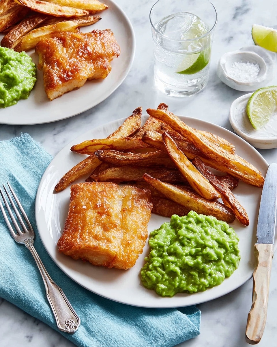 The dish is served on a white plate with three main parts: a crispy golden-brown piece of fried fish placed on the left side, a heap of thick-cut, well-cooked fries with a golden and slightly crisp texture piled in the center and right side next to the fish, and a smooth, bright green mushy pea mash in a small mound on the bottom right of the plate. The plate is set on a light blue cloth over a white marbled surface. In the background, there is another plate similarly arranged and a small white bowl with a pile of coarse salt, alongside a clear glass of water with a slice of lime. A silver fork rests on the left of the main plate, and a knife is on the right. photo taken with an iphone --ar 4:5 --v 7