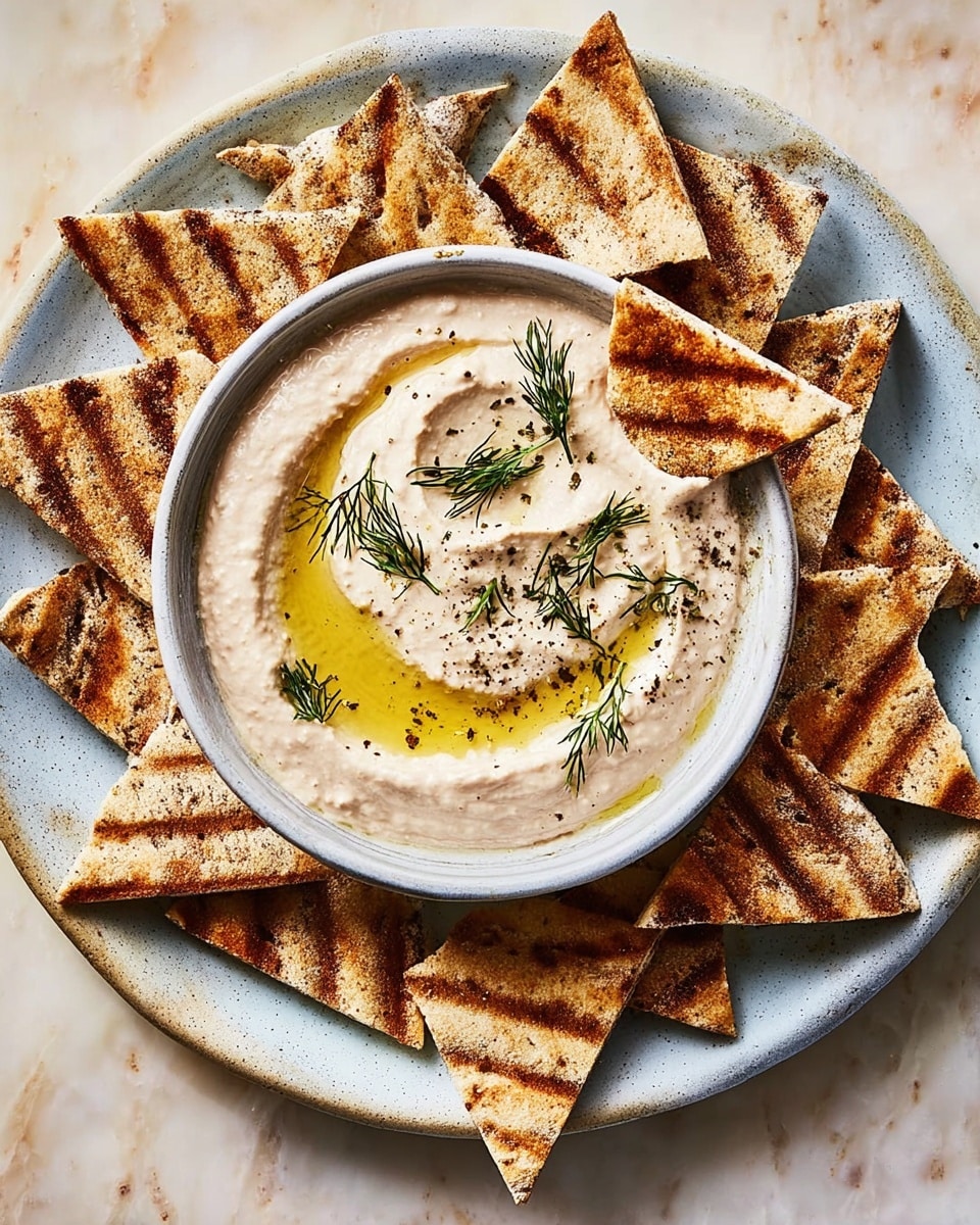A round white plate holds a small round bowl with a handle, filled with creamy beige hummus, topped with green dill sprigs, a swirl of olive oil, and a sprinkle of black pepper. Around the bowl, several grilled pita bread triangles with brown grill marks are arranged on the plate, with one triangle dipped slightly into the hummus. The background is a white marbled texture. photo taken with an iphone --ar 4:5 --v 7