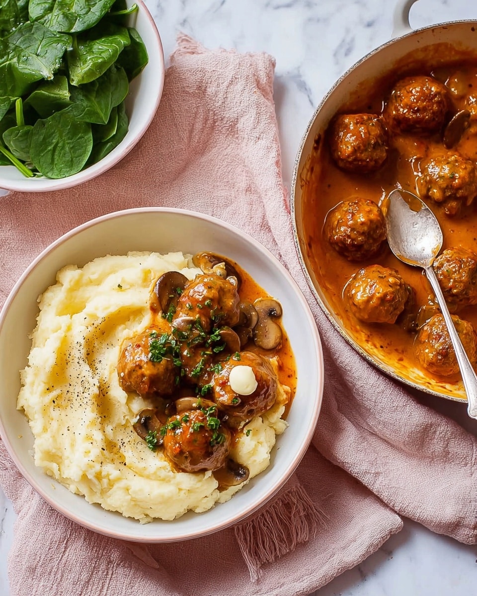The image shows a white bowl filled with mashed potatoes on one side, which are creamy and pale yellow with a few black pepper specks on top. On the other side of the bowl, there are four brown meatballs covered in a rich, orange-brown mushroom sauce with visible mushroom slices and small green herb pieces scattered on top. Next to it is a white pan filled with more meatballs in the same thick sauce, with a large metal spoon resting inside the pan, covered with sauce. Above, there are two white bowls; one filled with mashed potatoes topped with a small pat of butter and sprinkled with black pepper, and the other filled with fresh, dark green spinach leaves. All items are placed on a soft pink cloth over a white marbled surface. photo taken with an iphone --ar 4:5 --v 7