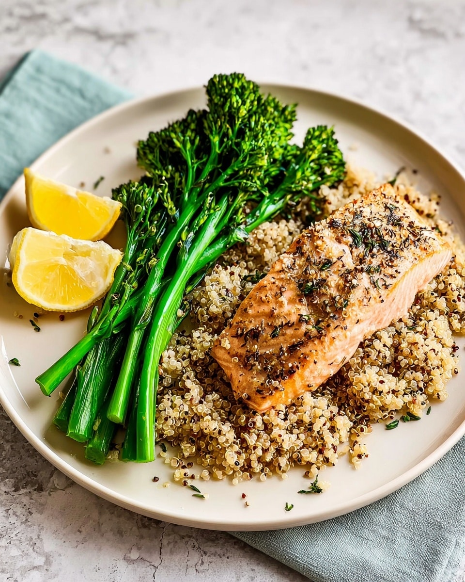 A white round plate holds three layers of food, starting with a base of light brown quinoa spread across the left and center part of the plate, showing its small grain texture. On top and slightly overlapping the quinoa is a piece of cooked salmon, pink with dark herb seasoning clearly visible on its surface, positioned on the right side of the plate. Next to the salmon and quinoa, a bunch of bright green broccolini with long stems and small florets rests in the middle, creating a fresh contrast in color. A wedge of lemon, light yellow with visible juice sacs, is placed near the edge of the plate on the left side. The plate is set on a white marbled background with a folded green cloth napkin and a silver fork partly visible on the side. A green water glass is faintly seen in the upper left corner. photo taken with an iphone --ar 4:5 --v 7
