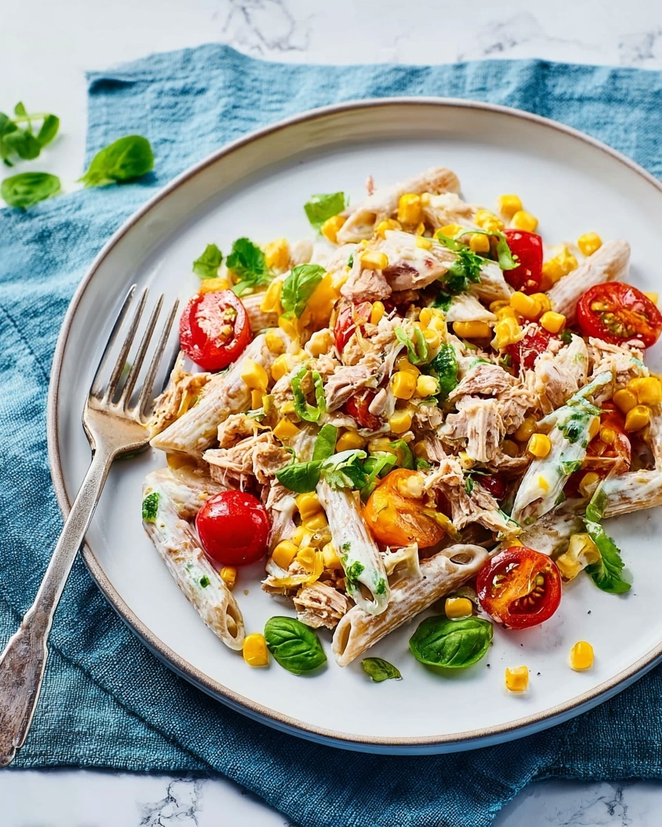 A white plate shows a colorful dish of pasta salad with three main layers: at the bottom there are small pasta pieces, creamy white dressing drizzled unevenly covering the pasta, and on top chunks of light brown tuna mixed with bright yellow corn and halved red cherry tomatoes. Small green basil leaves are scattered on top, adding a touch of fresh color. The plate sits on a folded blue cloth on a white marbled surface, with a silver fork placed on the left side of the plate. A glass with lemon water is visible in the background. Photo taken with an iphone --ar 4:5 --v 7