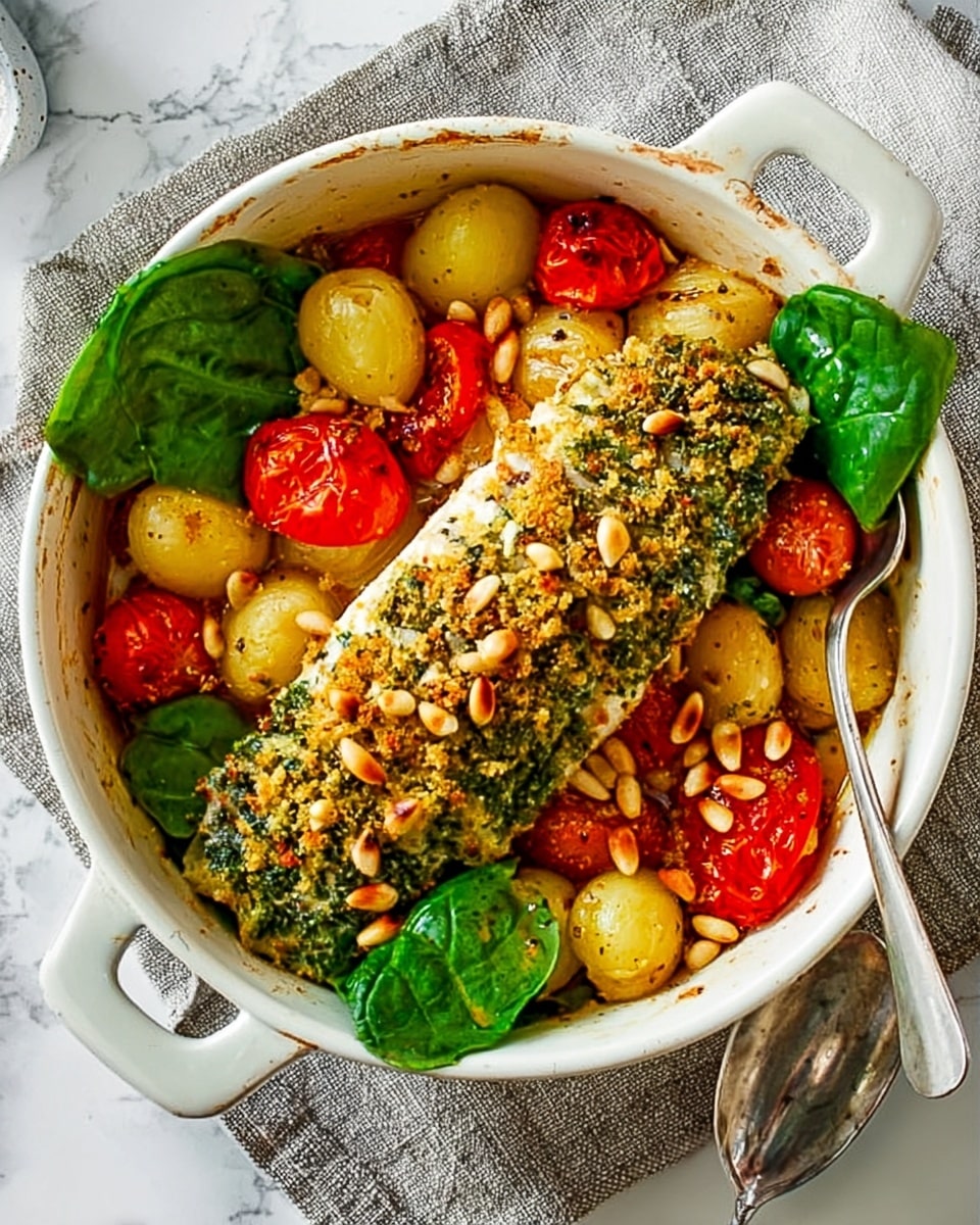 A white bowl contains a layered dish starting with a base of golden-browned small potatoes mixed with melted cheese and some light green spinach leaves scattered around. On top, vibrant red cherry tomatoes are sliced and nestled in between, adding bright color. The main layer is a large, baked fish fillet covered with a crumbly green herb and pine nut crust, slightly browned and crisp, sitting on the potatoes. Lightly toasted pine nuts are sprinkled all over the dish, adding a crunchy texture. The bowl rests on a white marbled surface with a striped grey and white cloth partially visible beneath it, and a woman's hand holds a metal serving spoon nearby. photo taken with an iphone --ar 4:5 --v 7