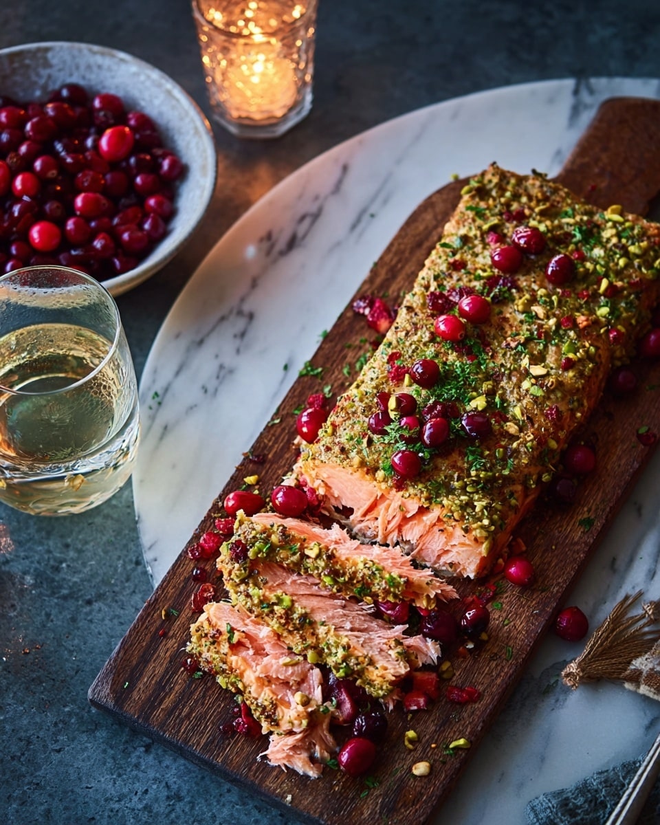 A rectangular baked salmon fillet rests on a dark wooden board over a white marbled surface. The salmon is topped with a green pistachio crust mixed with herbs and scattered red cranberries, adding bright pops of color. Two slices have been cut from the fillet, revealing flaky pink fish underneath the crunchy topping. To the upper left of the board is a small clear glass bowl filled with shiny red cranberries. A lit candle adds a warm orange glow in the background. photo taken with an iphone --ar 4:5 --v 7