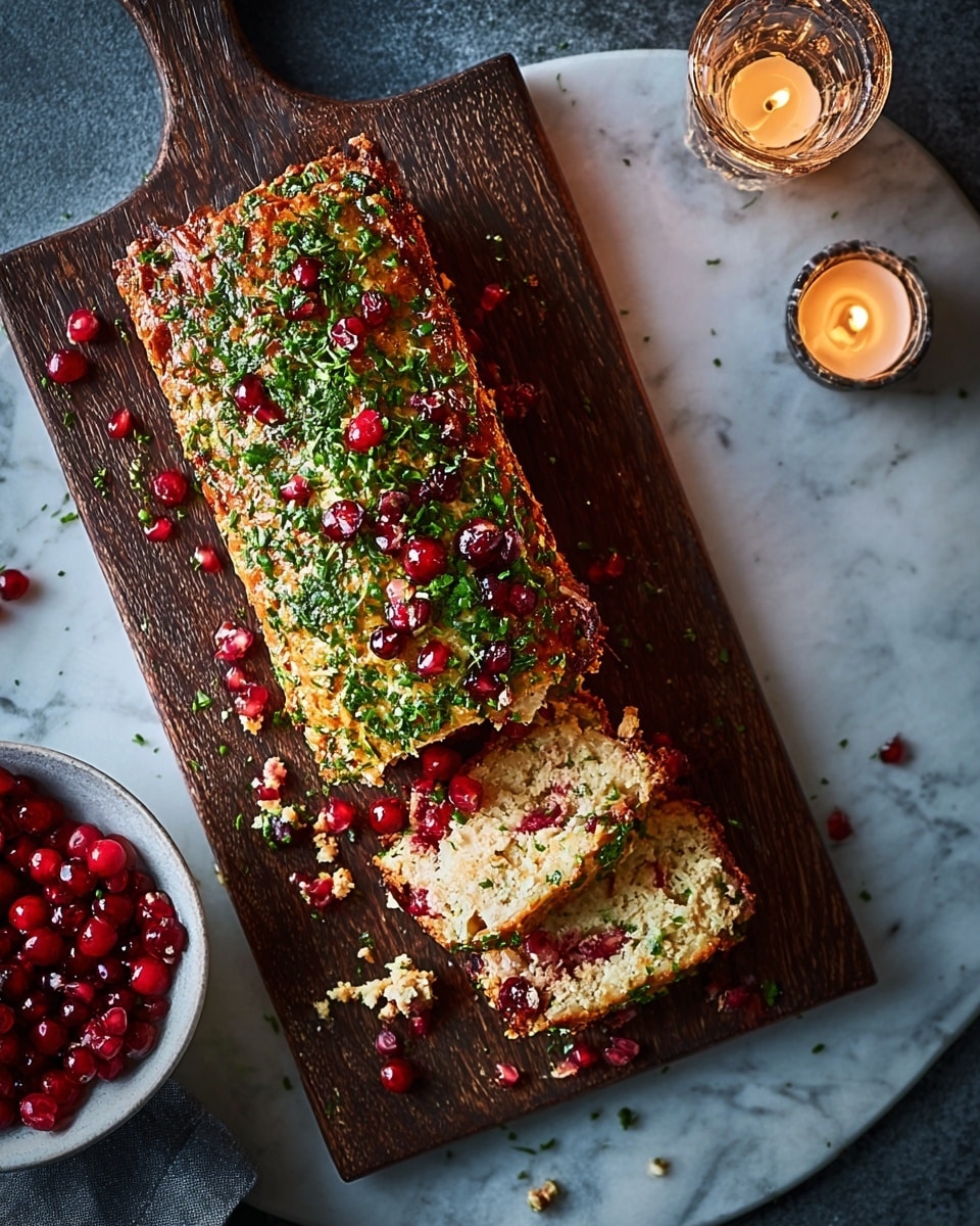 A thick rectangular piece of salmon is topped with crushed pistachios and fresh red berries, placed on a dark wooden board. The salmon has a cooked, slightly crispy appearance with a green and red crunchy topping. Several slices are cut from the front, showing the soft, pink inside. Next to the board, there is a white bowl filled with bright red berries, and a candle is faintly glowing above it. The background is a white marbled surface with a bottle of white wine and some small decorations slightly blurred around the edges. Photo taken with an iphone --ar 4:5 --v 7