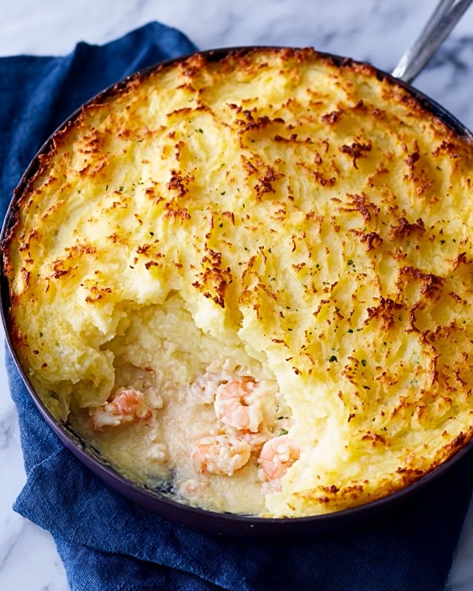The image shows a black round pan with two handles containing a baked dish with a thick top layer of golden-brown mashed potatoes that look crispy and slightly uneven in texture. A large scoop is missing from the pan, revealing underneath a creamy white sauce with pieces of pink shrimp and chunks of white fish inside. The filling contrasts with the top layer, showing a smooth, rich texture with visible seafood. The pan sits on a white marbled surface with a dark blue cloth underneath. Photo taken with an iphone --ar 4:5 --v 7