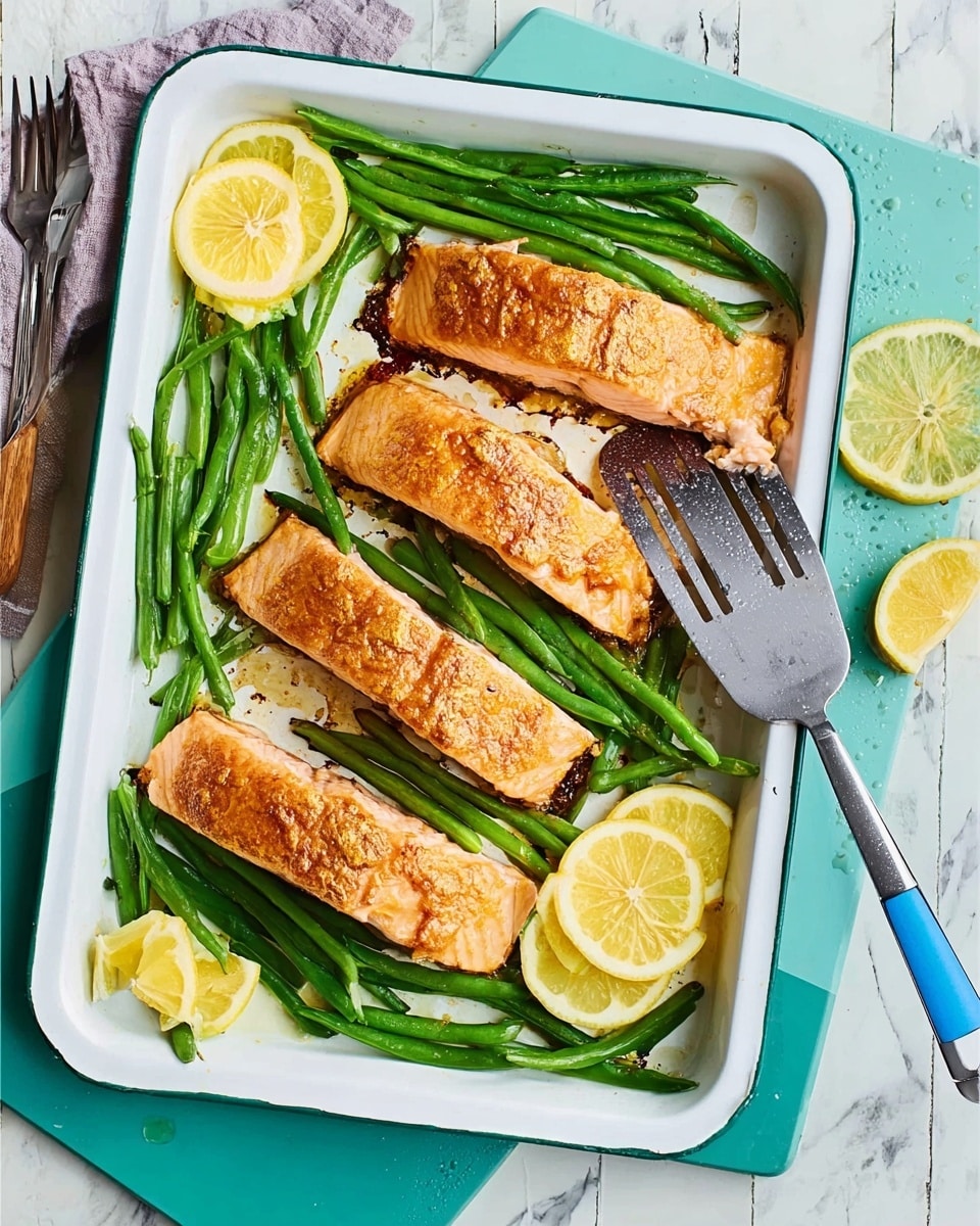 The image shows a white baking tray placed on a white marbled surface, filled with three large, golden-brown cooked salmon fillets lined up diagonally. The salmon pieces have a slightly crispy top layer with visible grill marks. Around the salmon, there are fresh green beans arranged mostly on the left and top sides of the tray, adding a vibrant green contrast. On the right bottom corner, several lemon wedges with bright yellow skin and pale juicy insides are placed, some resting directly on the tray and others leaning against the salmon. A metal spatula with a white handle and blue end is placed on the tray near the top right corner, its blade resting under the top salmon fillet. Photo taken with an iphone --ar 4:5 --v 7