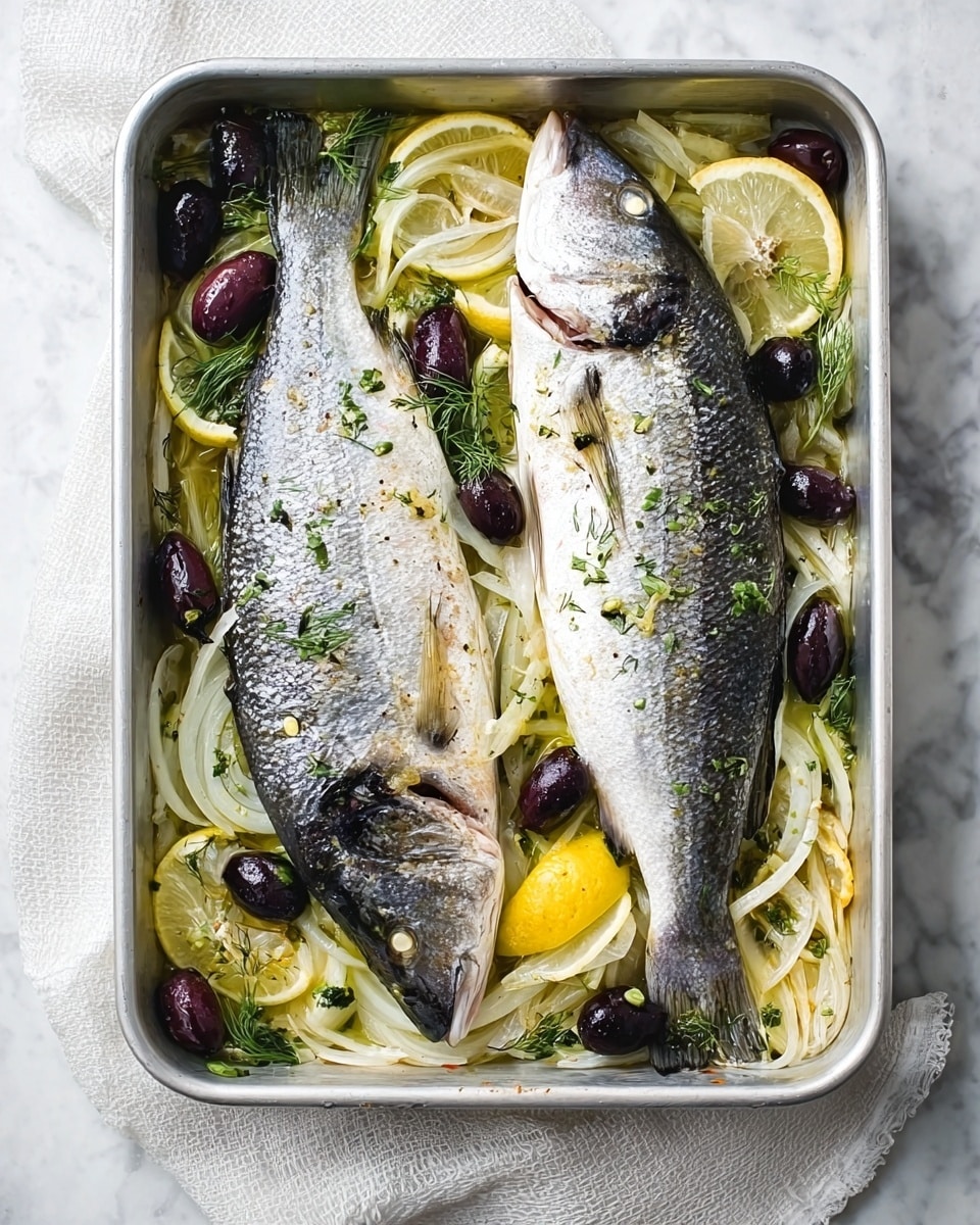 Two whole cooked fish with shiny silver skin lie side by side in a rectangular metal baking tray. Underneath and around the fish, there is a layer of sliced light-yellow onions mixed with dark purple olives and lemon slices. The fish skin looks slightly crisp and the eyes are visible. The tray sits on a white marbled surface with a wrinkled white cloth underneath it. photo taken with an iphone --ar 4:5 --v 7