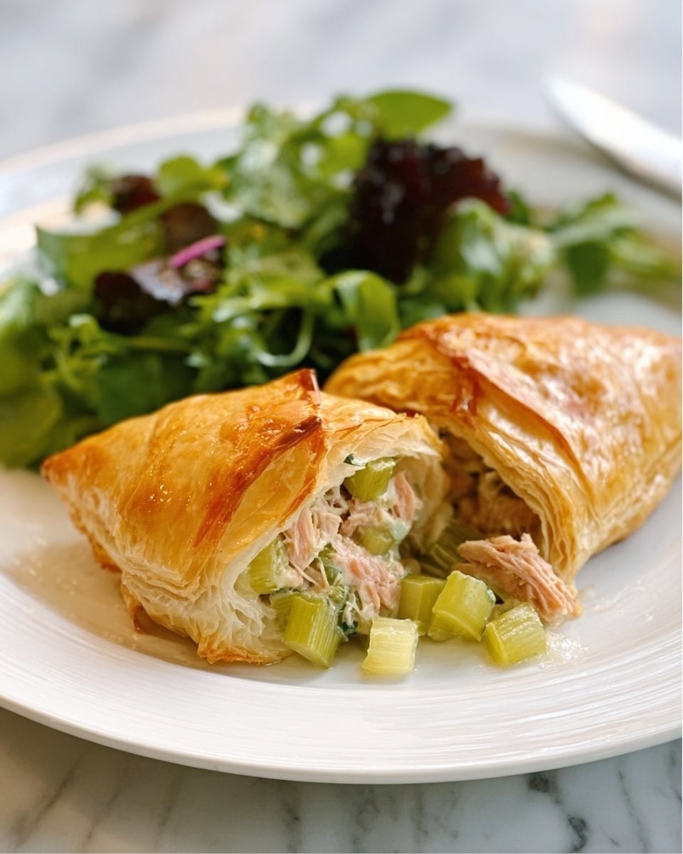 The image shows a white plate on a white marbled surface with a baked filo pastry parcel placed slightly off-center. The parcel has a golden-brown, crispy, and flaky texture with irregular folds and crinkles, showing a tear that reveals the filling inside. The filling consists of light pink pieces of salmon mixed with pale green celery chunks, creating a soft, moist contrast to the crispy pastry. To the side of the pastry parcel, there is a small fresh salad made of bright green mixed lettuce leaves with a light dressing giving a subtle shine. Photo taken with an iphone --ar 4:5 --v 7