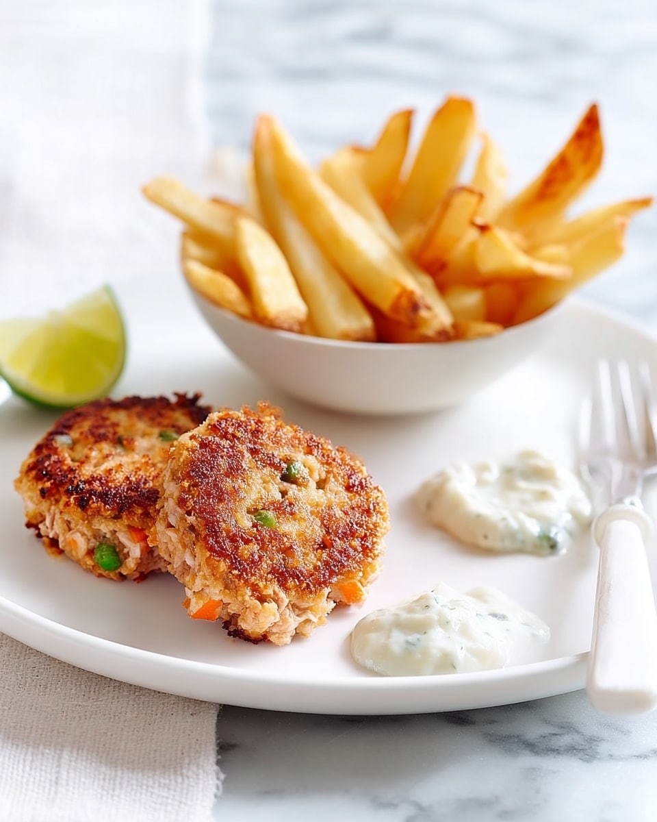 The image shows a white plate on a white marbled surface holding two golden-brown patties with visible small green pieces, placed in the front left. To the right of the patties, there is a dollop of white sauce next to a white fork and knife. Behind the patties, a small white bowl filled with thick golden-brown fries is centered on the plate. A small lime wedge is placed to the left of the patties. The light is soft and natural, highlighting the textures and colors clearly. Photo taken with an iphone --ar 4:5 --v 7