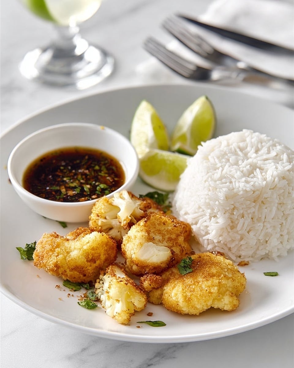 A white plate holding a neat mound of white rice on the top right, next to several golden-yellow fried cauliflower pieces arranged in a small cluster on the bottom right. At the bottom left of the plate, there are three fresh lime wedges and a small white bowl filled with a dark sauce placed near the rice. The plate sits on a white marbled surface with a fork visible in the background. Photo taken with an iphone --ar 4:5 --v 7