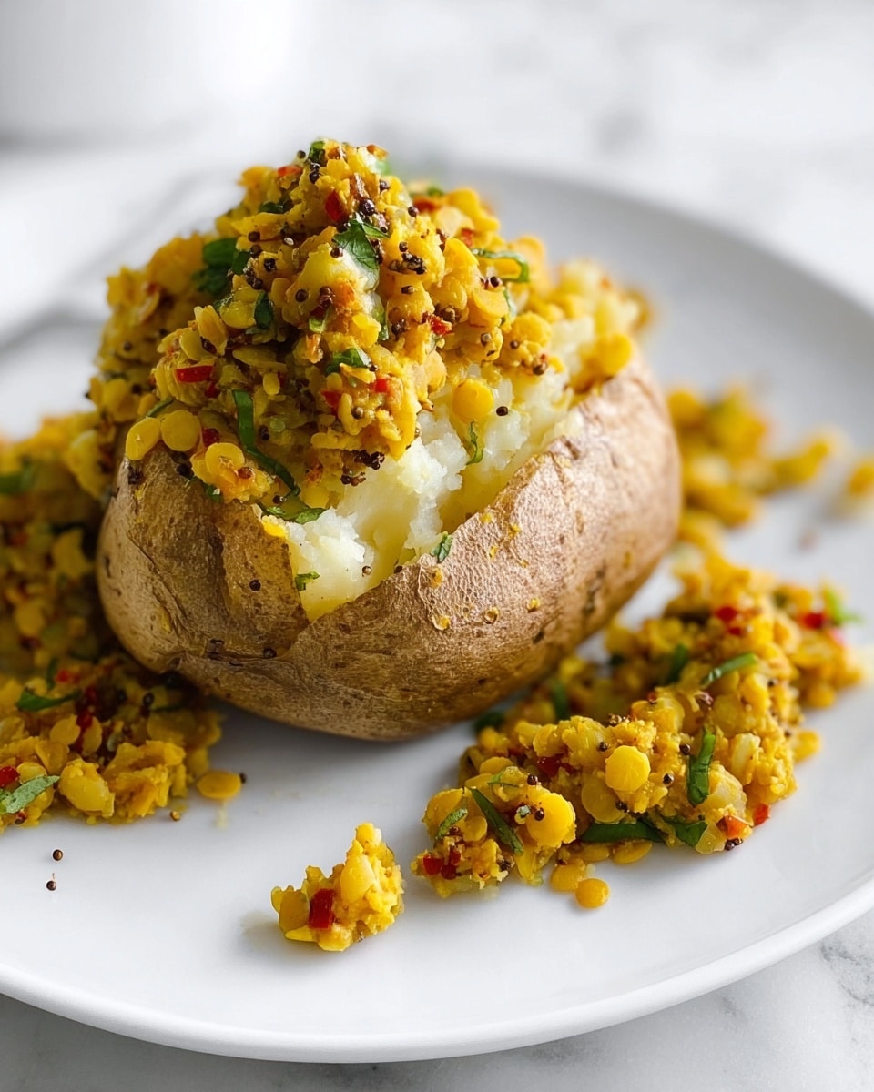 A baked potato with a thick, rough, brown skin sits open on a white plate, revealing soft, white, fluffy insides. On and around the potato is a yellow, chunky topping made of small lentils mixed with bits of orange carrots and green herbs. The sauce looks creamy and slightly oily, adding texture and color contrast. The plate rests on a white marbled surface. photo taken with an iphone --ar 4:5 --v 7