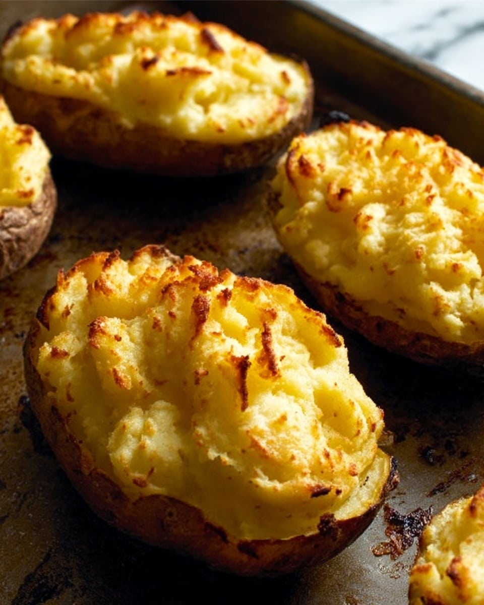 The image shows several baked stuffed potatoes on a dark baking tray with a slight oily sheen. Each potato is cut in half lengthwise, with a crispy brown skin forming the base layer. They are filled with a fluffy, golden-yellow mashed potato mixture that has been baked until the tops are lightly browned and slightly rough in texture. The mashed filling is heaped high above the skin edges, creating a soft, uneven surface with small browned spots from baking. The tray has some scattered small burnt bits around the potatoes, giving a rustic baked look. The background is a white marbled texture. photo taken with an iphone --ar 4:5 --v 7