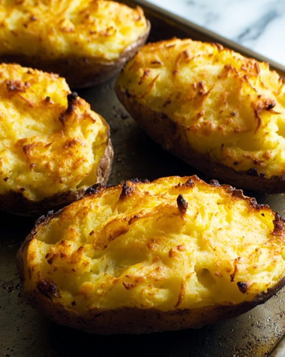 The image shows several baked potato skins filled with a creamy, golden yellow mashed potato mixture that is lightly browned and textured on top, indicating a crispy finish. Each potato skin acts as a crisp, dark brown shell holding the soft mashed potato filling. The potatoes are arranged close together on a dark baking tray, which contrasts with the warm, inviting color of the filling. The photo is close up, focusing on the uneven, fluffy texture of the mashed potato layer inside each skin. photo taken with an iphone --ar 4:5 --v 7
