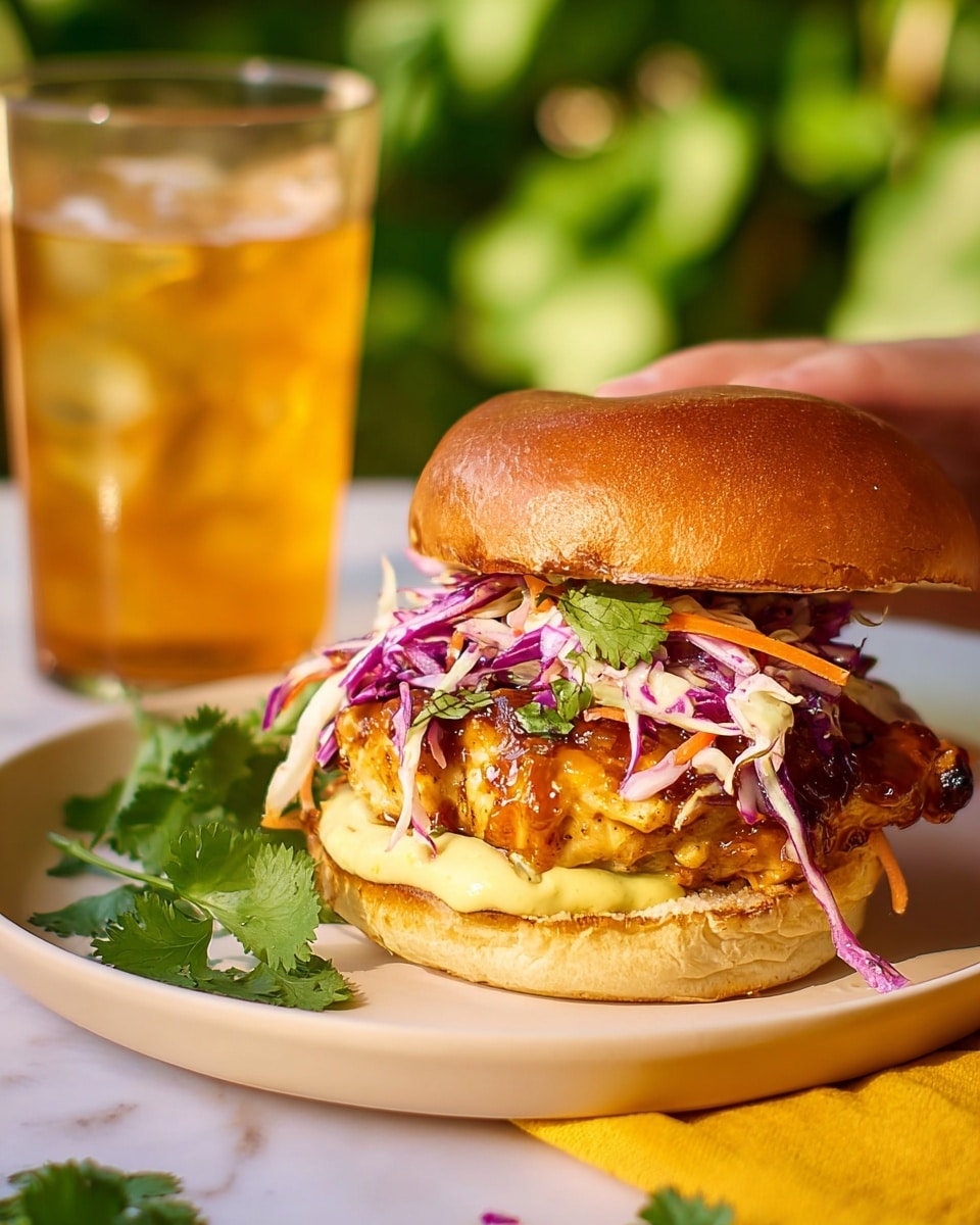 A close-up of a sandwich on a white plate showing five main layers: a golden-brown soft bun top, fresh green cilantro leaves, a layer of bright purple shredded cabbage, a thick piece of shiny glazed grilled chicken with a rich orange sauce, and a bottom soft bun with creamy light yellow sauce drizzled. The sandwich is placed on a white marbled surface with some cilantro leaves and cabbage pieces scattered around. In the background, a woman's hand is holding a glass filled with sparkling golden liquid and ice. photo taken with an iphone --ar 4:5 --v 7