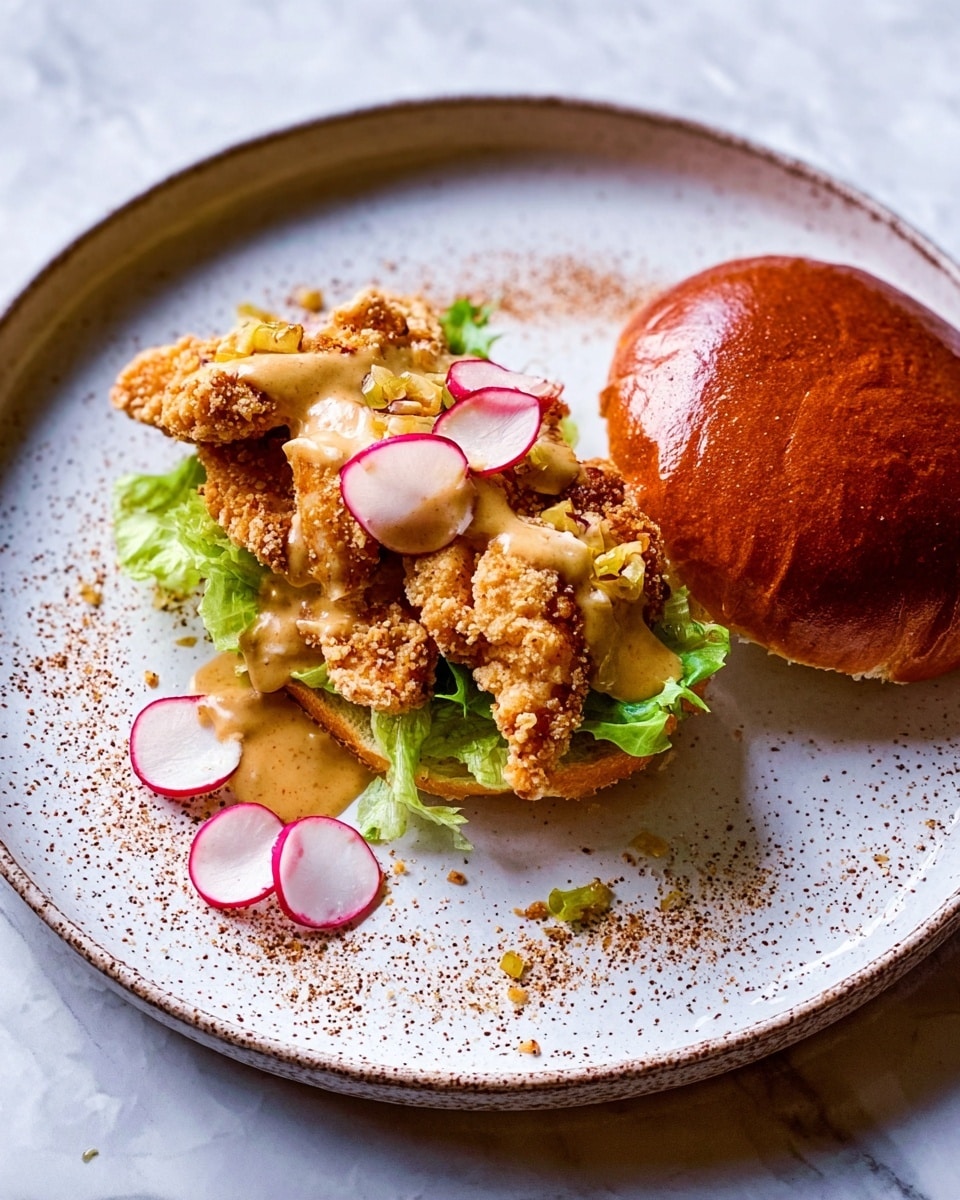 On a white plate with small brown specks and a swirl of brown sauce around the edge, there are three pieces of breaded fried chicken placed on top of fresh green lettuce and thin slices of radish. The chicken pieces are golden brown and crispy, drizzled with a creamy light brown sauce. Thin slices of radish add a touch of pink and white color around the chicken. To the right of the chicken and greens, there is a round, shiny, brown sandwich bun resting on the plate. The background is a white marbled surface. photo taken with an iphone --ar 4:5 --v 7