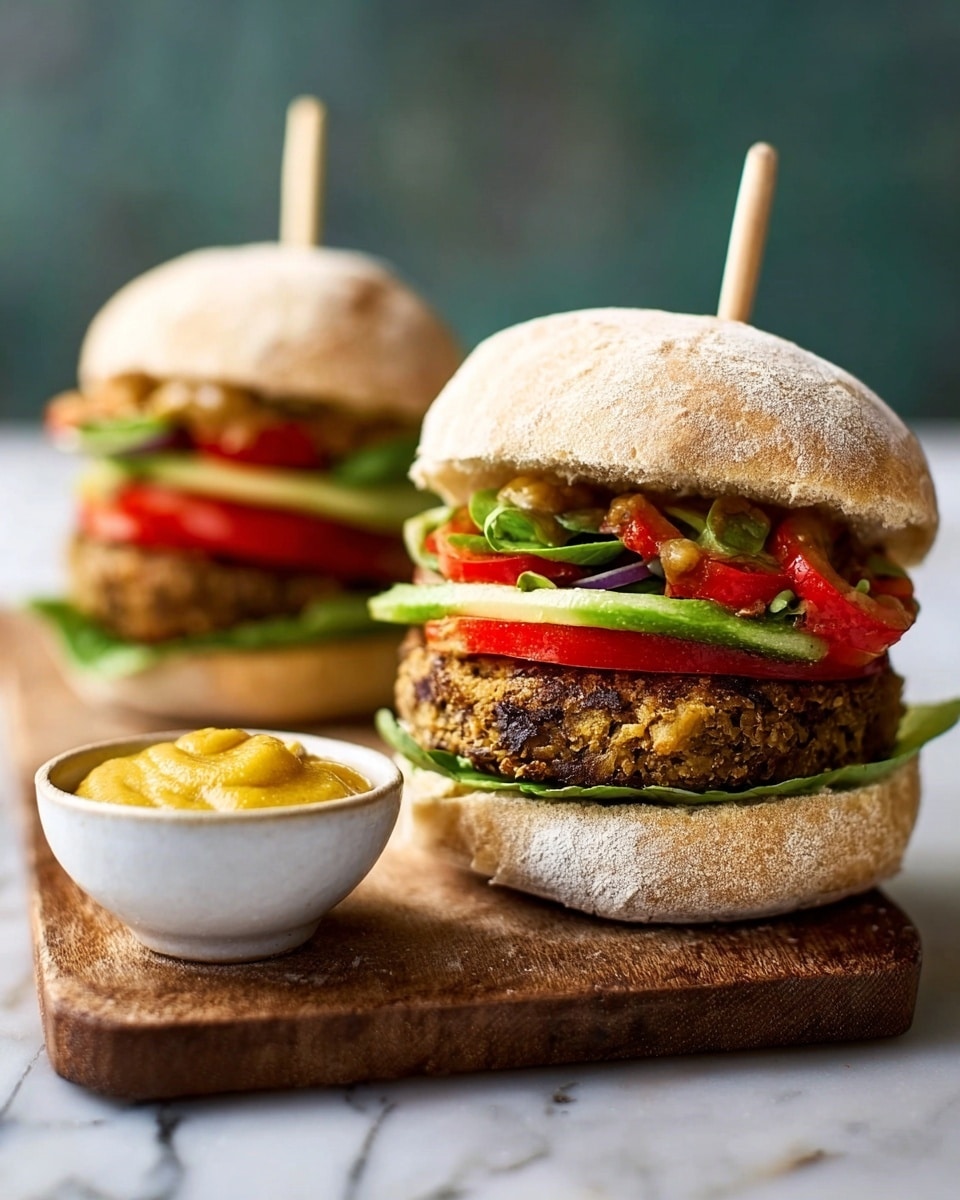 Two veggie burgers sit on a wooden board placed on a white marbled surface, each burger made of a soft, flour-dusted white bun with two halves. The bottom bun holds a layer of chopped red tomatoes, green leafy lettuce, and a thick, dark brown veggie patty. Above the patty is sliced avocado, more green leaves, and a spread of golden-colored sauce. A short skewer pierces through the top bun into each burger. In the foreground, a small white bowl filled with the same golden sauce is on the marbled surface. A woman's hand, holding one of the burgers, is partly visible on the left side. photo taken with an iphone --ar 4:5 --v 7