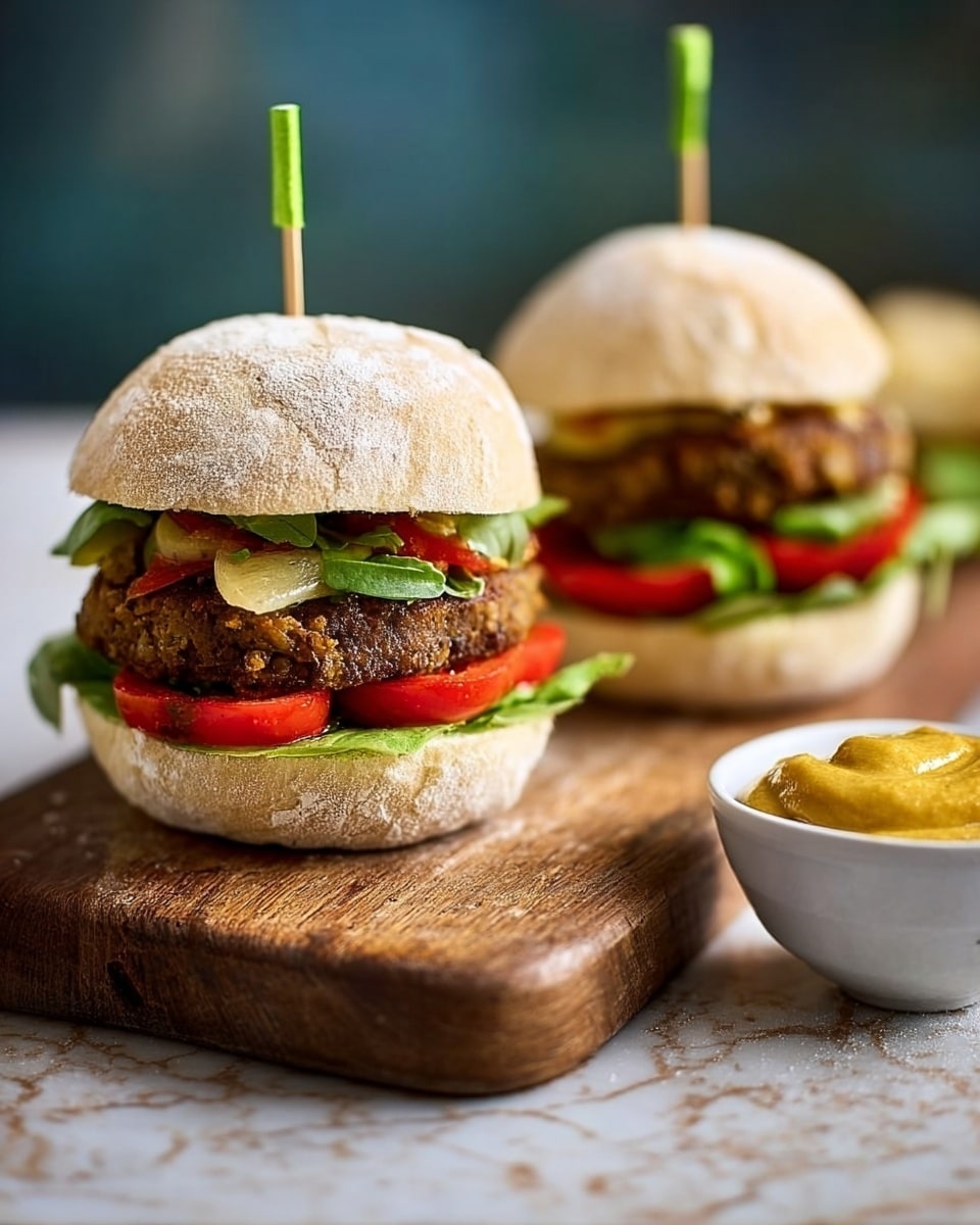 The image shows two small white sandwich rolls with four visible layers inside. From bottom to top, the first layer is bright red sliced cherry tomatoes, followed by a dark brown cooked veggie patty with a slightly rough texture. Above the patty is a green layer of fresh leafy spinach and avocado slices. The top layer is the soft white sandwich roll dusted with flour, with a small green or yellow skewer holding the sandwich together. Both sandwiches sit on a worn wooden board, and in front is a white bowl filled with a smooth yellow mustard-like sauce. The background is a blurred warm brown, and the surface under the board is white marbled. photo taken with an iphone --ar 4:5 --v 7