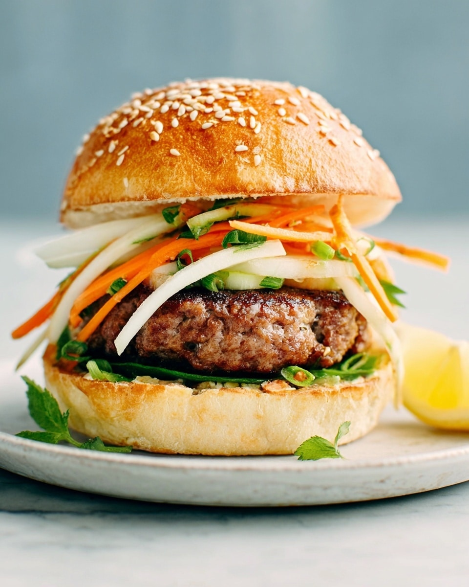The image shows a burger with a sesame seed bun on top, sitting on a white plate with a slice of lemon on the side. The burger has four visible layers: the bottom bun is golden brown, above it is a thick, grilled beef patty with a slightly rough texture, followed by a layer of thinly sliced white cheese. On top of the cheese are thin orange carrot strips and pale white shredded vegetables, garnished with small green herbs and sliced green chili rings. The top sesame seed bun crowns the stack. The background is a soft blur with a white marbled surface under the plate. Photo taken with an iphone --ar 4:5 --v 7