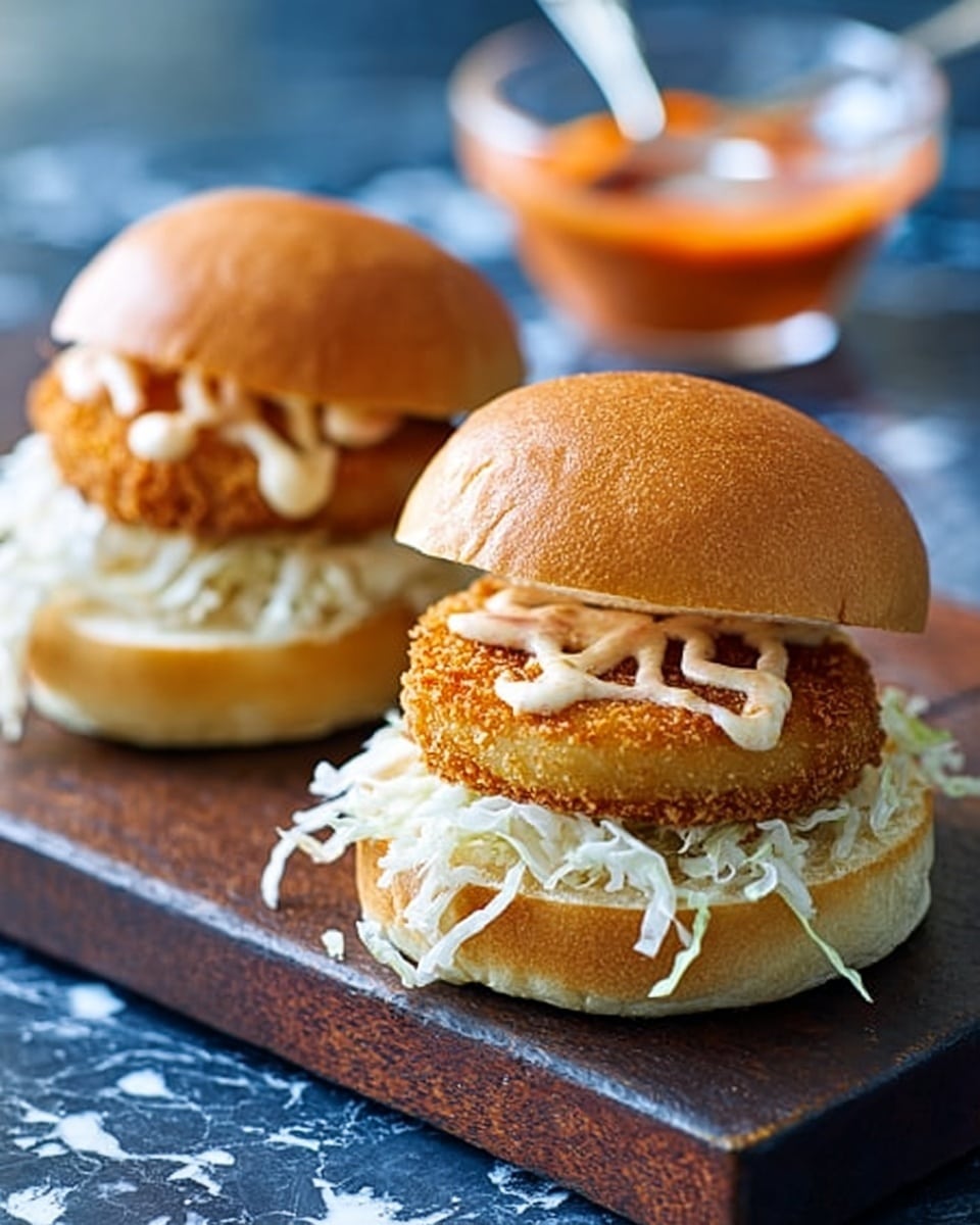 Two small white sandwich buns sit on a dark wooden board placed on a white marbled surface. Each sandwich has three layers: at the bottom is a soft bun, then a thick layer of shredded white cabbage, followed by a round golden-brown breaded patty with a crispy texture. The sandwich in front is open-faced, showing a dollop of white mayonnaise and a bit of red sauce dripping on top of the patty. The sandwich in the back is closed with the top bun. In the background, a small white bowl with a white spoon and more white sauce is blurred. Photo taken with an iphone --ar 4:5 --v 7