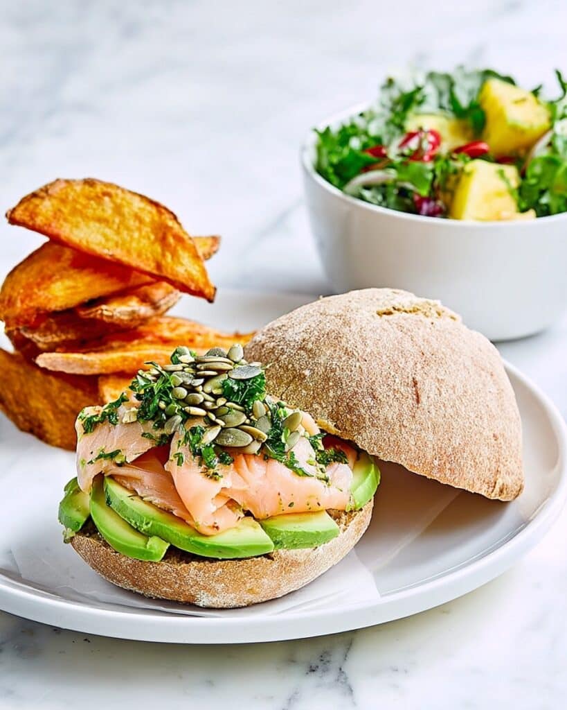 Salmon Burgers with Kale Salsa and Roasted Sweet Potatoes Recipe